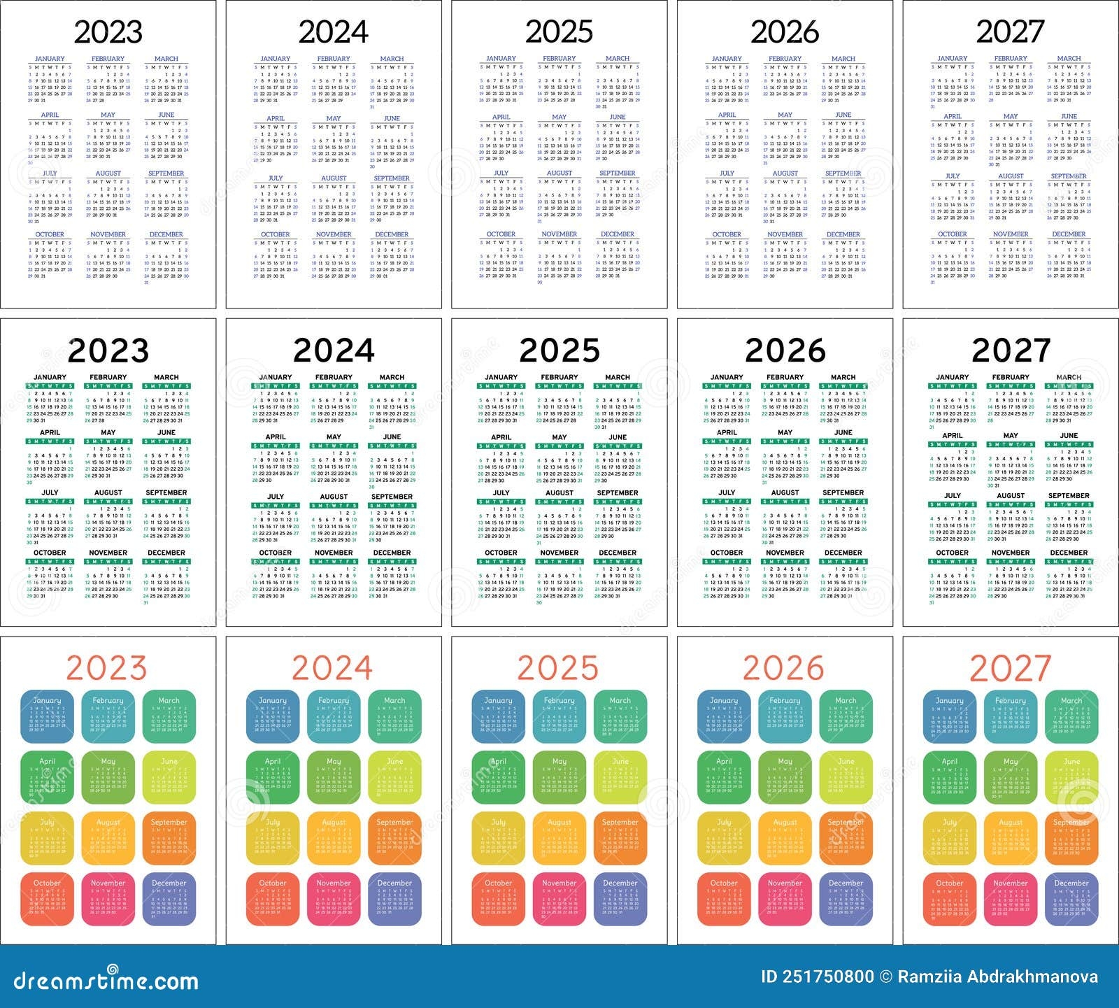 2023 2024 2025 2026 And 2027 Calendar Set Color Vector Calender Design Week Starts On Sunday Stock Vector Illustration Of 2026 Grid 251750800