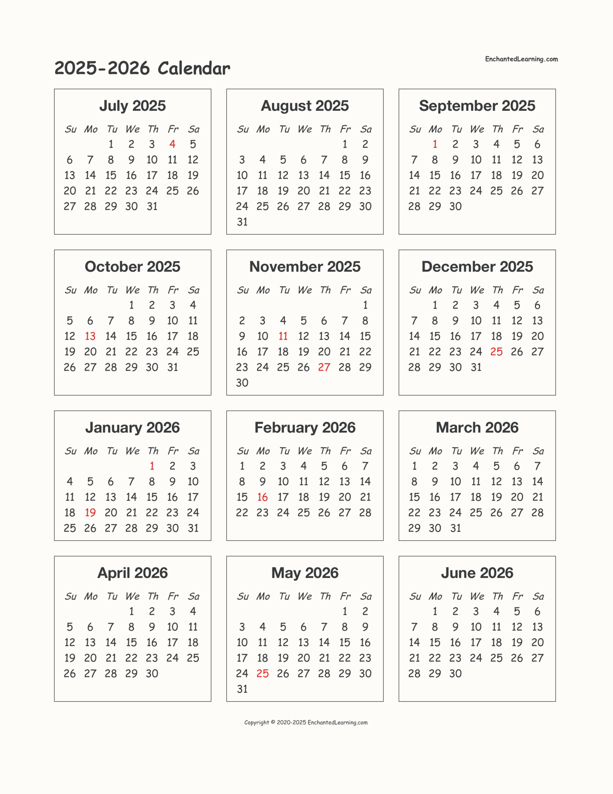 Sept 2025 To June 2026 Calendar
