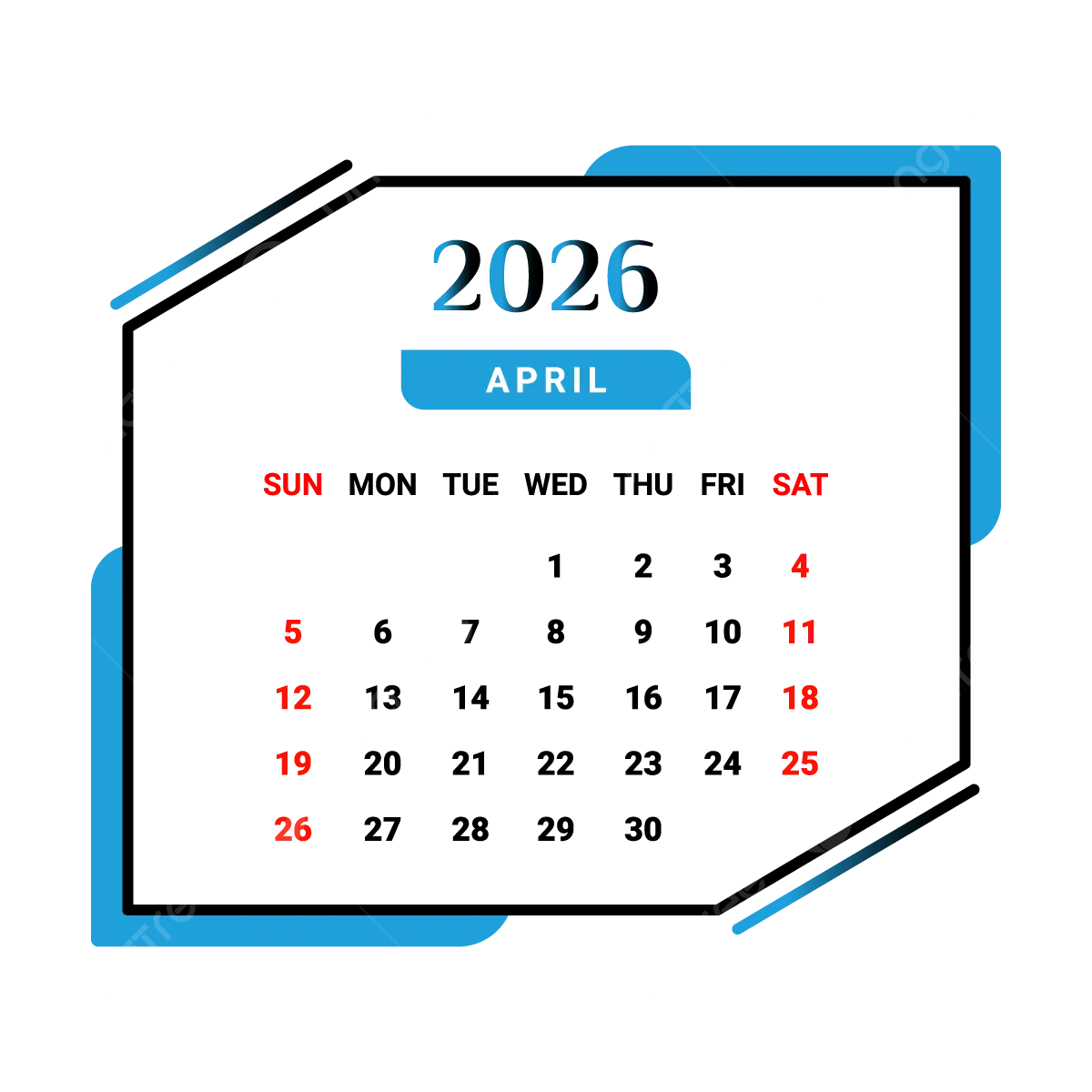2026 April Month Calendar Skyblue And Black Vector Monthly Calendar Calendar April 2026 PNG And Vector With Transparent Background For Free Download