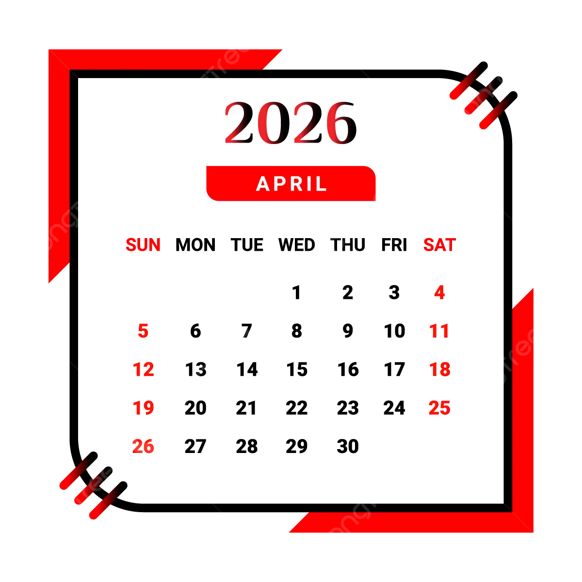 2026 April Month Calendar With Black And Red Vector Monthly Calendar Calendar April 2026 PNG And Vector With Transparent Background For Free Download