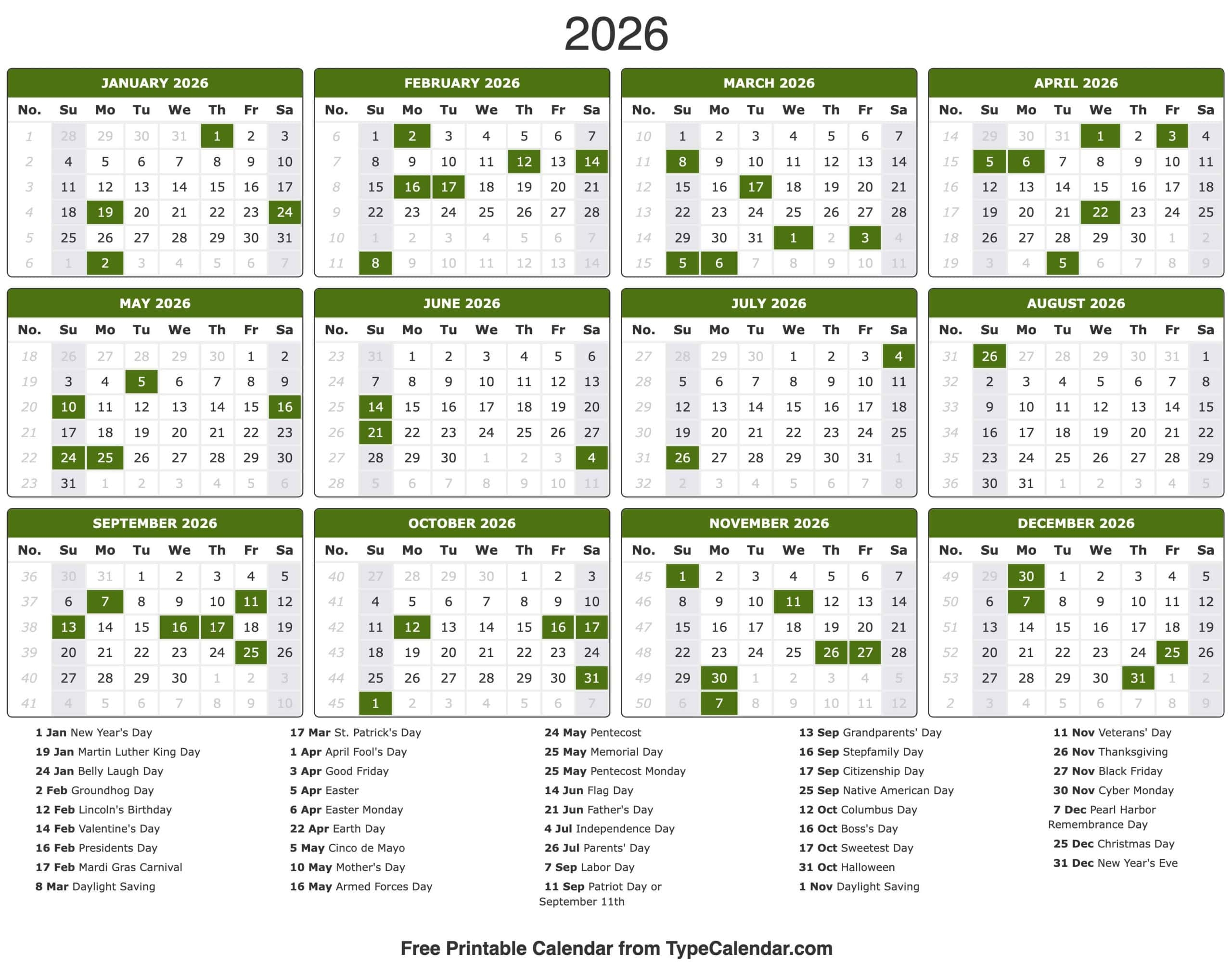 2026 Calendar Free Printable Calendar With Holidays 2026 Calendar Free Printable Calendar With Holidays