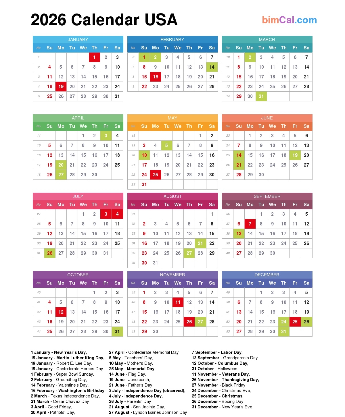 2026 Calendar USA BimCal 2026 Calendar USA BimCal