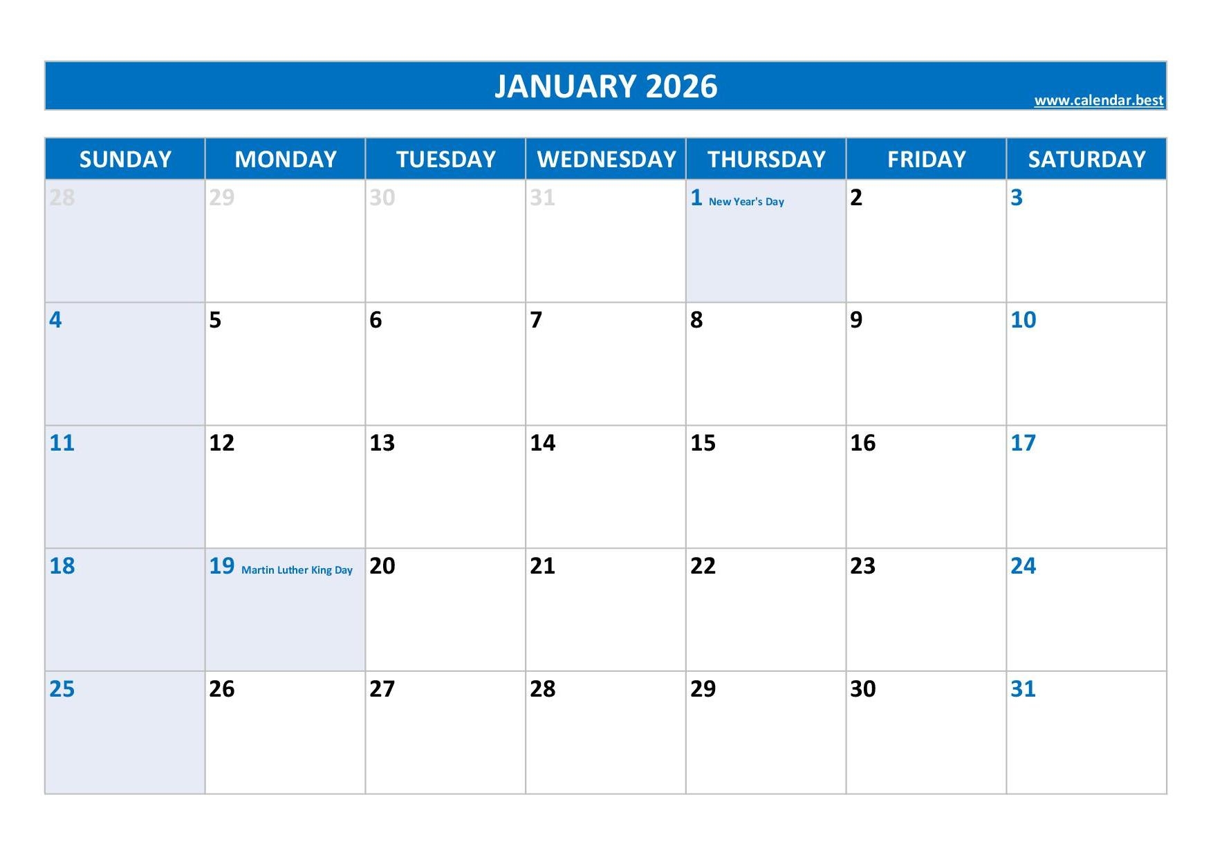 December 2026 January 2026 Calendar With Holidays Printable