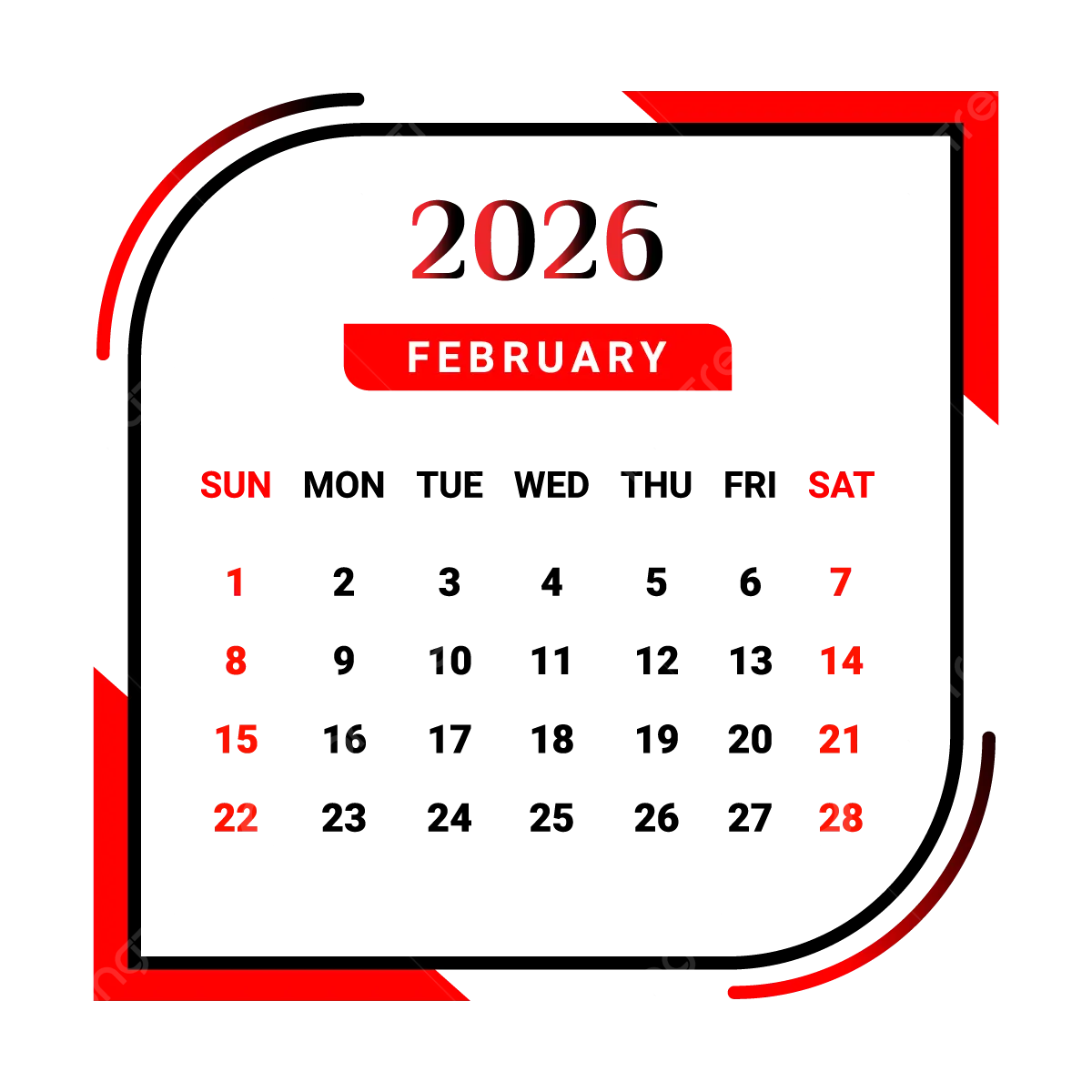 2026 February Month Calendar With Red And Black Vector Monthly