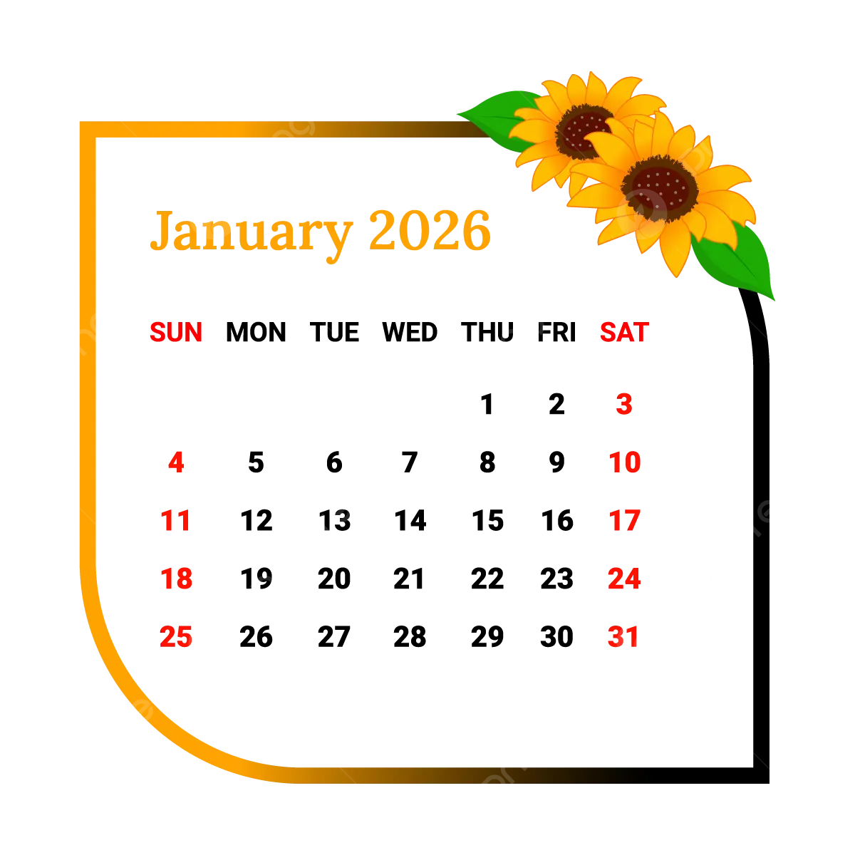 2026 January Calendar With Flower Frame Vector Monthly Calendar 