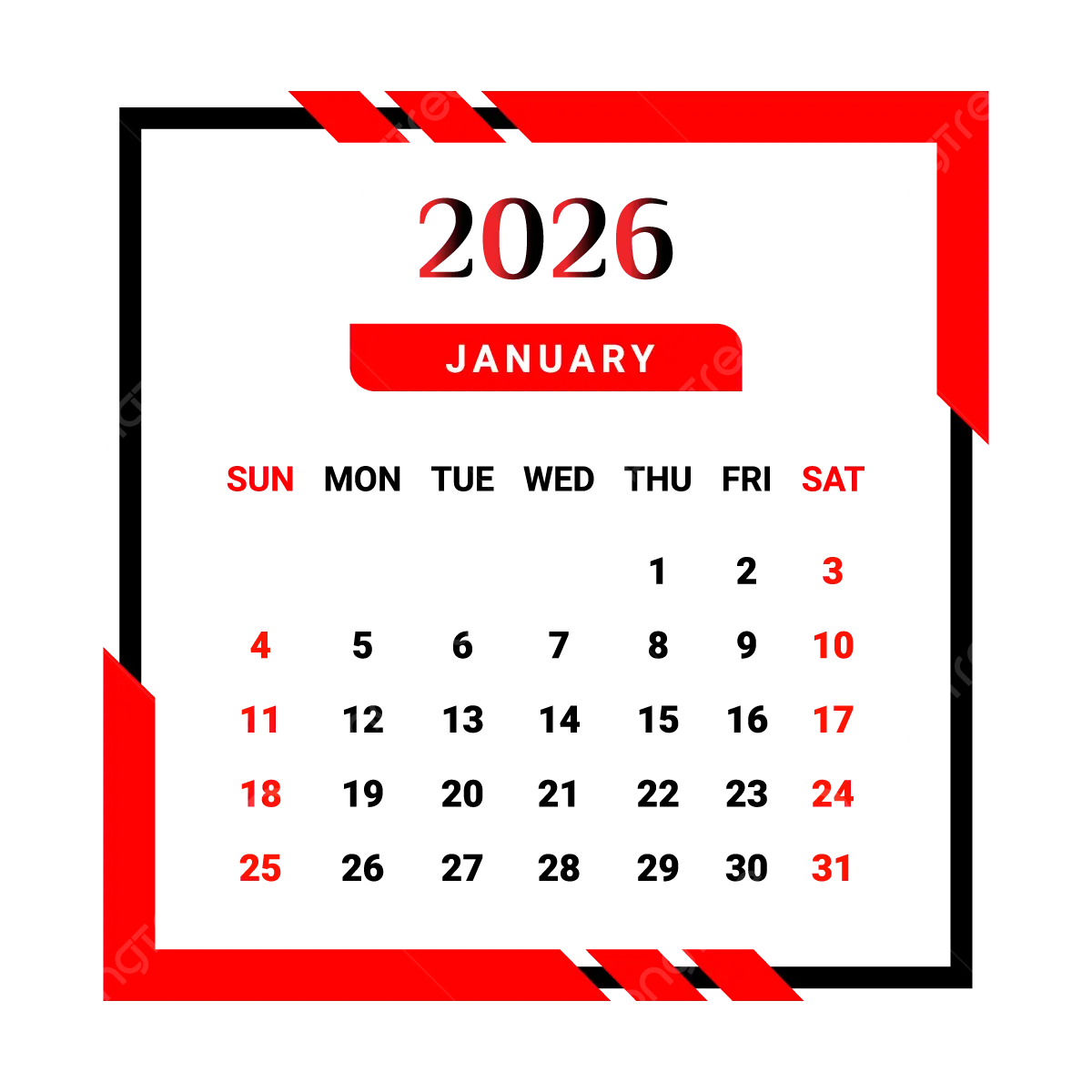 2026 January Month Calendar With Red And Black Unique Style Vector 