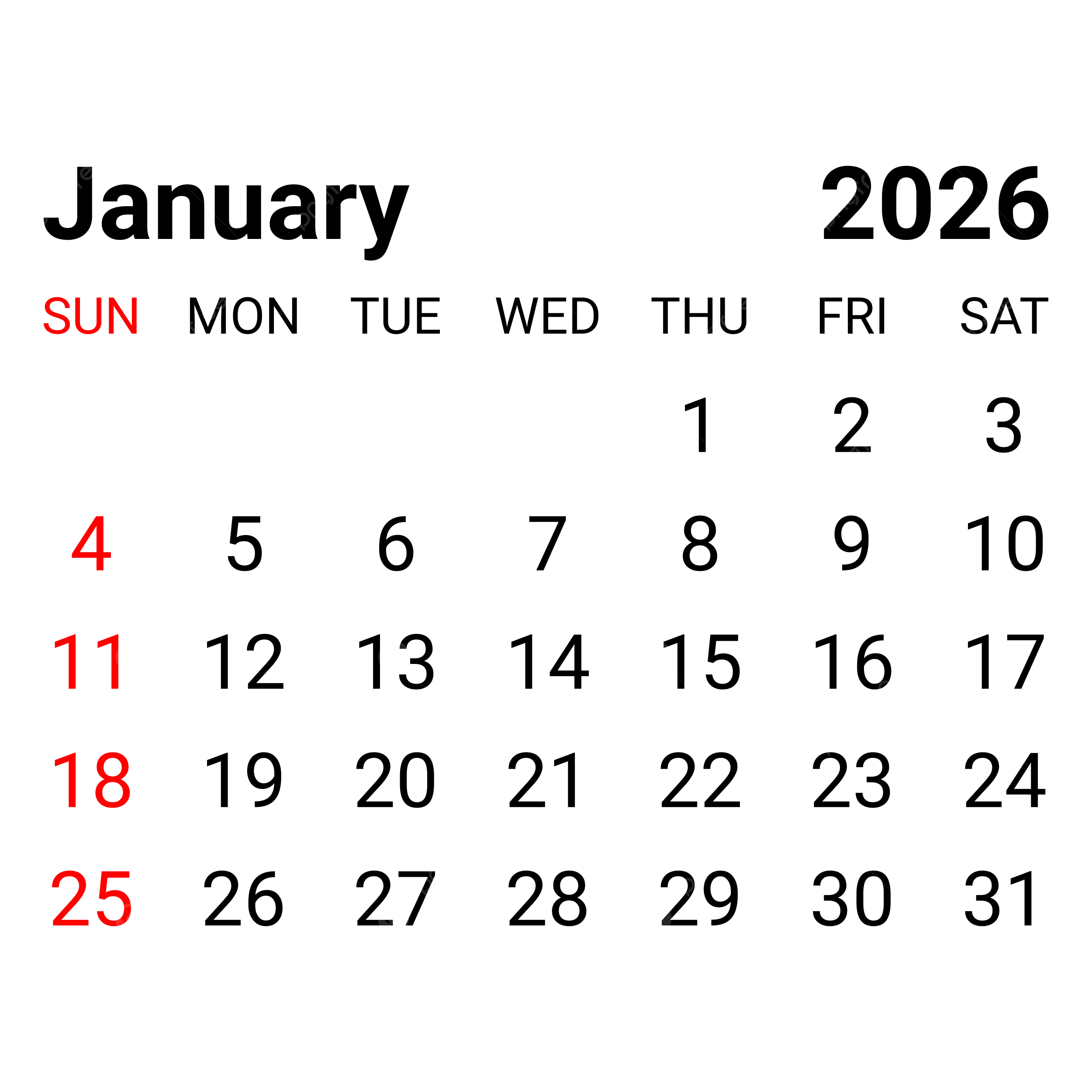 2026 January Monthly Calendar Vector 2026 January Monthly