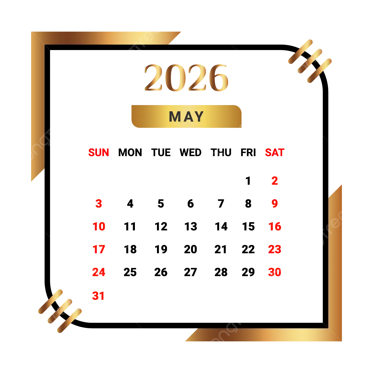 2026 May Month Calendar With Black And Golden Vector Monthly Calendar Calendar May 2026 PNG And Vector With Transparent Background For Free Download