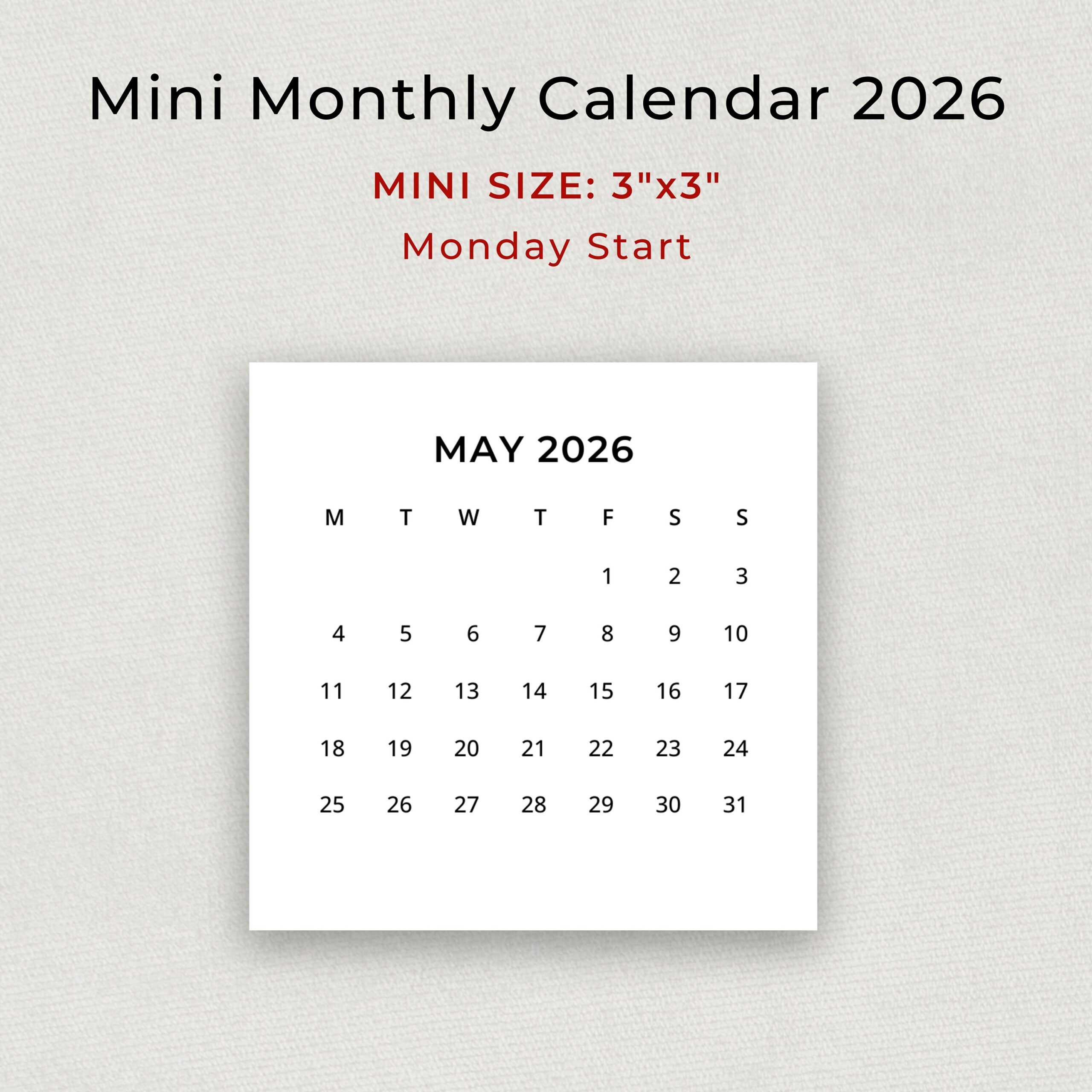 2026 Mini Calendar 2026 Small Calendar Printable 2026 Minimalist 