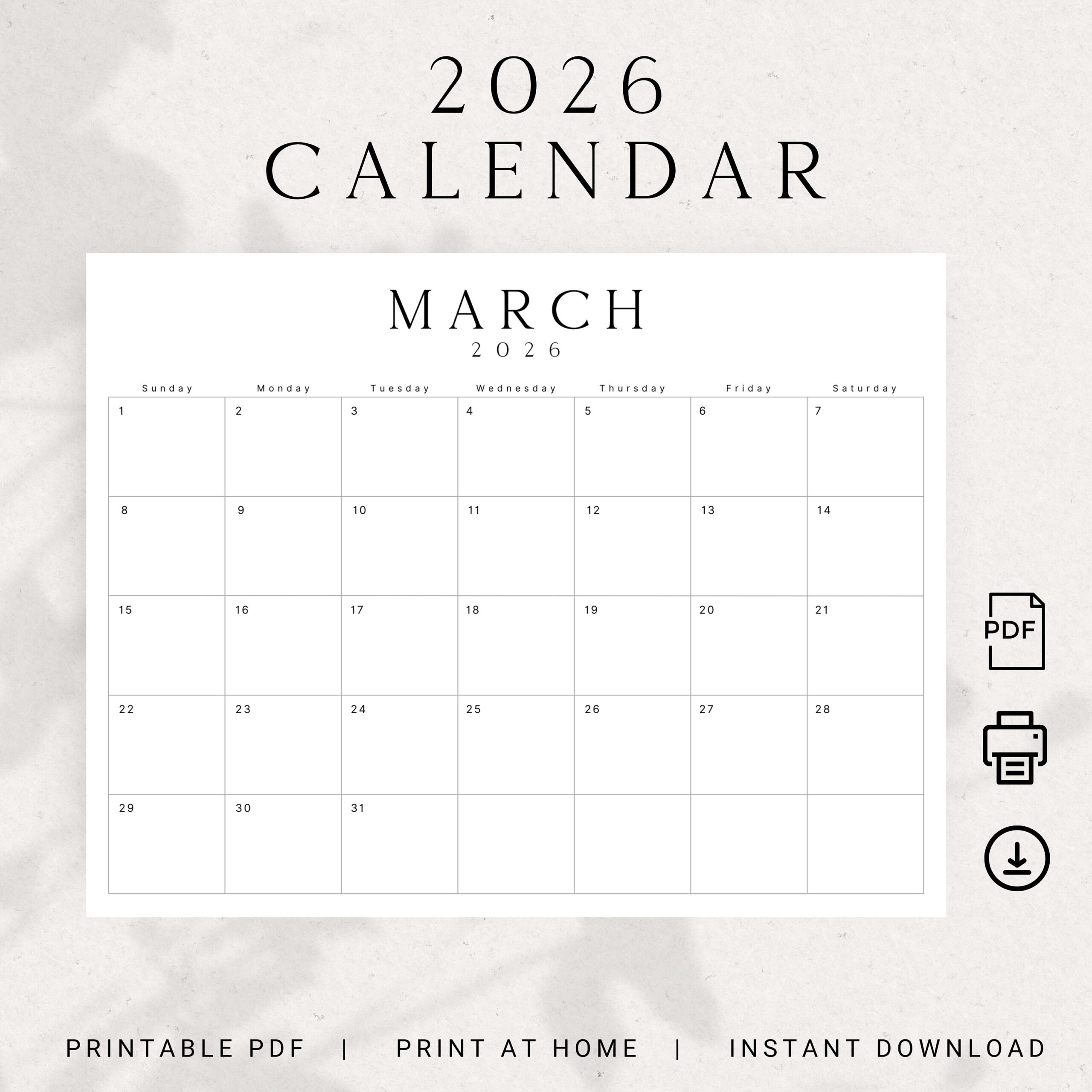 2026 Minimalist Calendar 2026 Monthly Planner Landscape LUXE 2026 Calendar Sunday Start Monday Start Monthly Planner Wall Calendar Printable Etsy