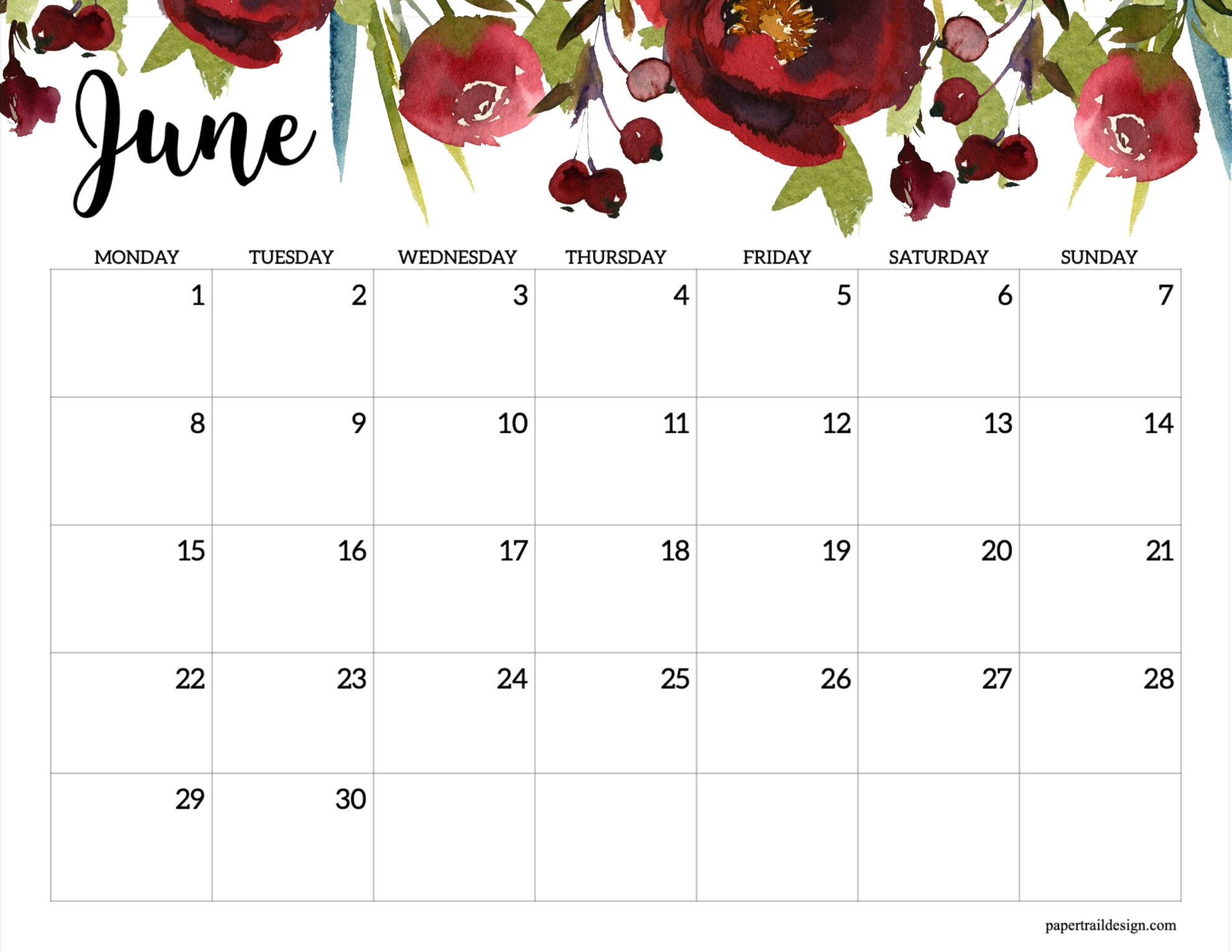 2026 Monday Start Floral Calendar Paper Trail Design