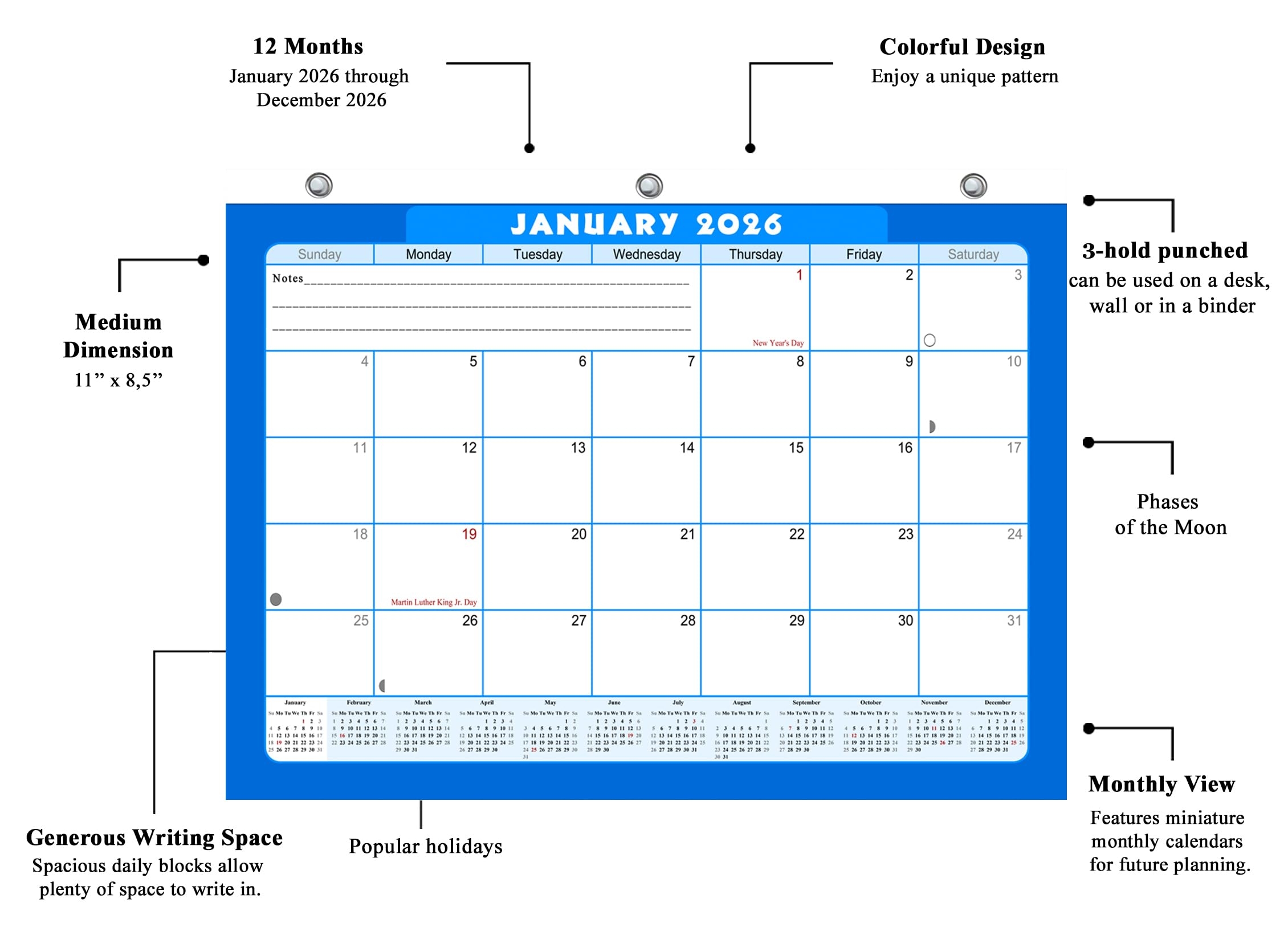 Amazon 2026 Calendar 12 Months Student Calendar Planner For 3 Ring Binder Desk Or Wall v006 Office Products