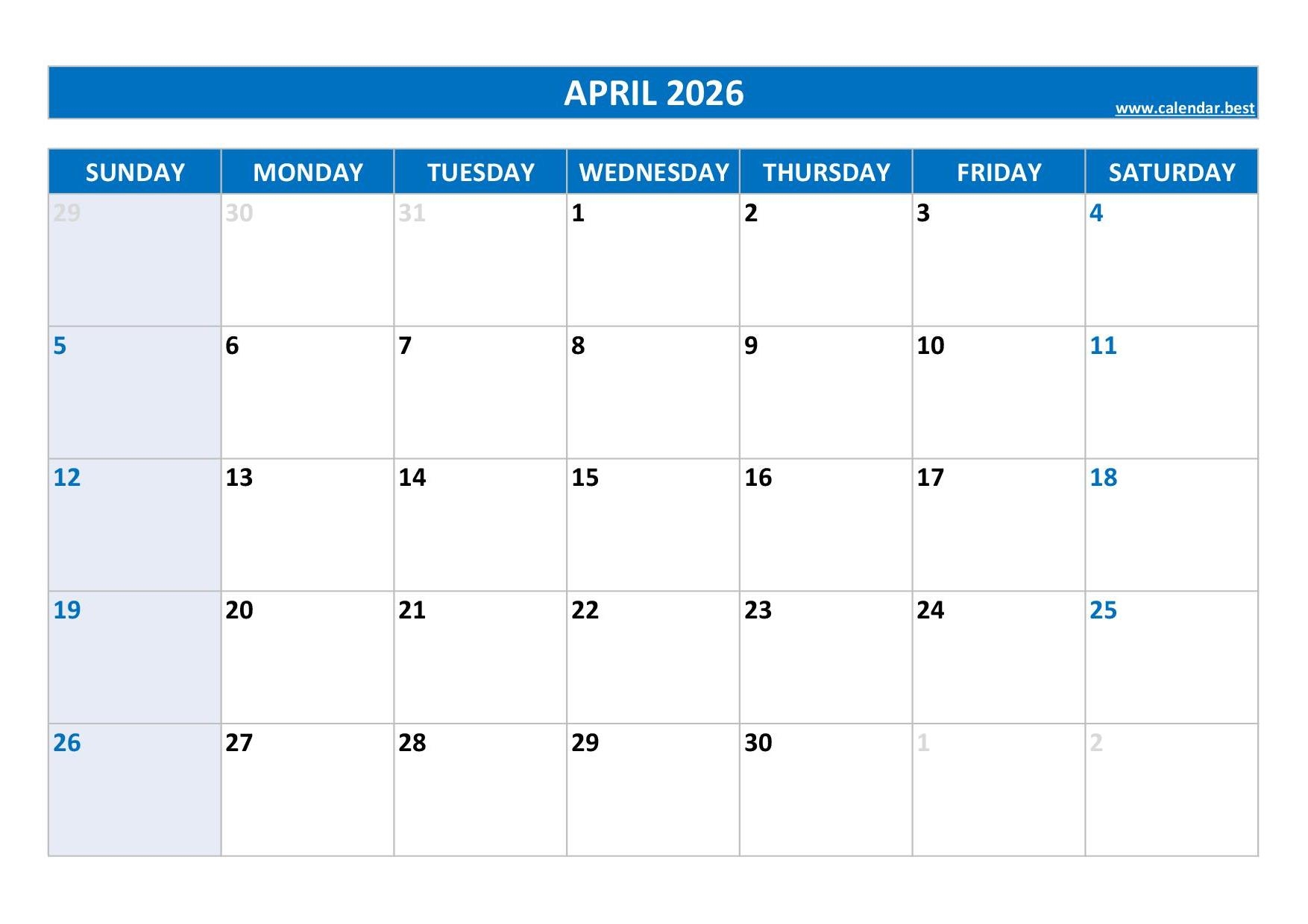 Free Printable April 2026 Calendar With Holidays Free Printable April 2026 Calendar With Holidays