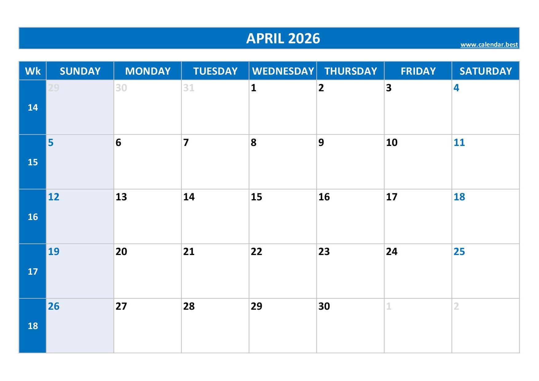 Calendar For April 2026