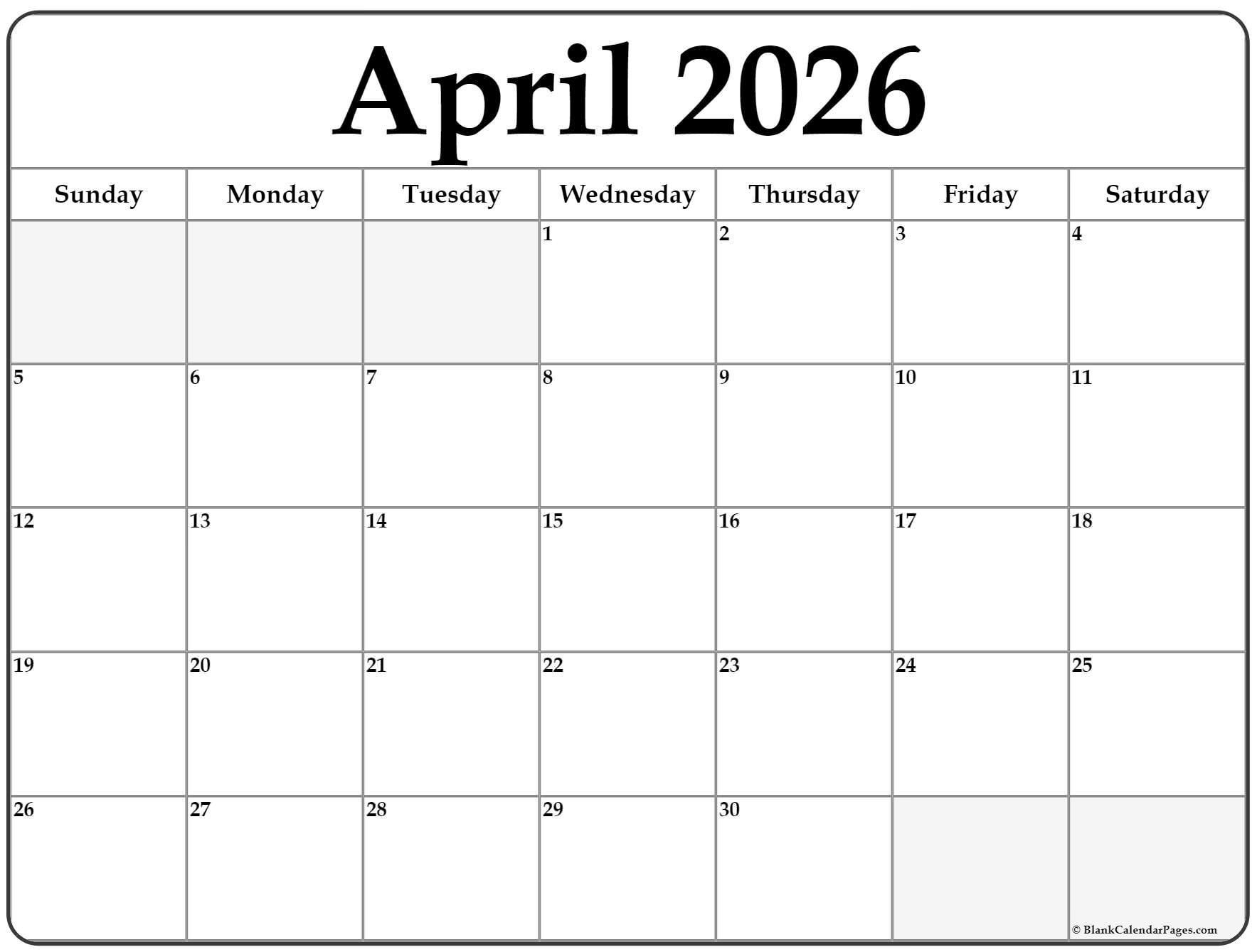 April 2026 Calendar Microsoft Word