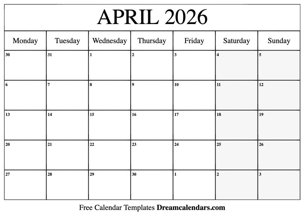 April Month 2026 Calendar Free Printable Calendar