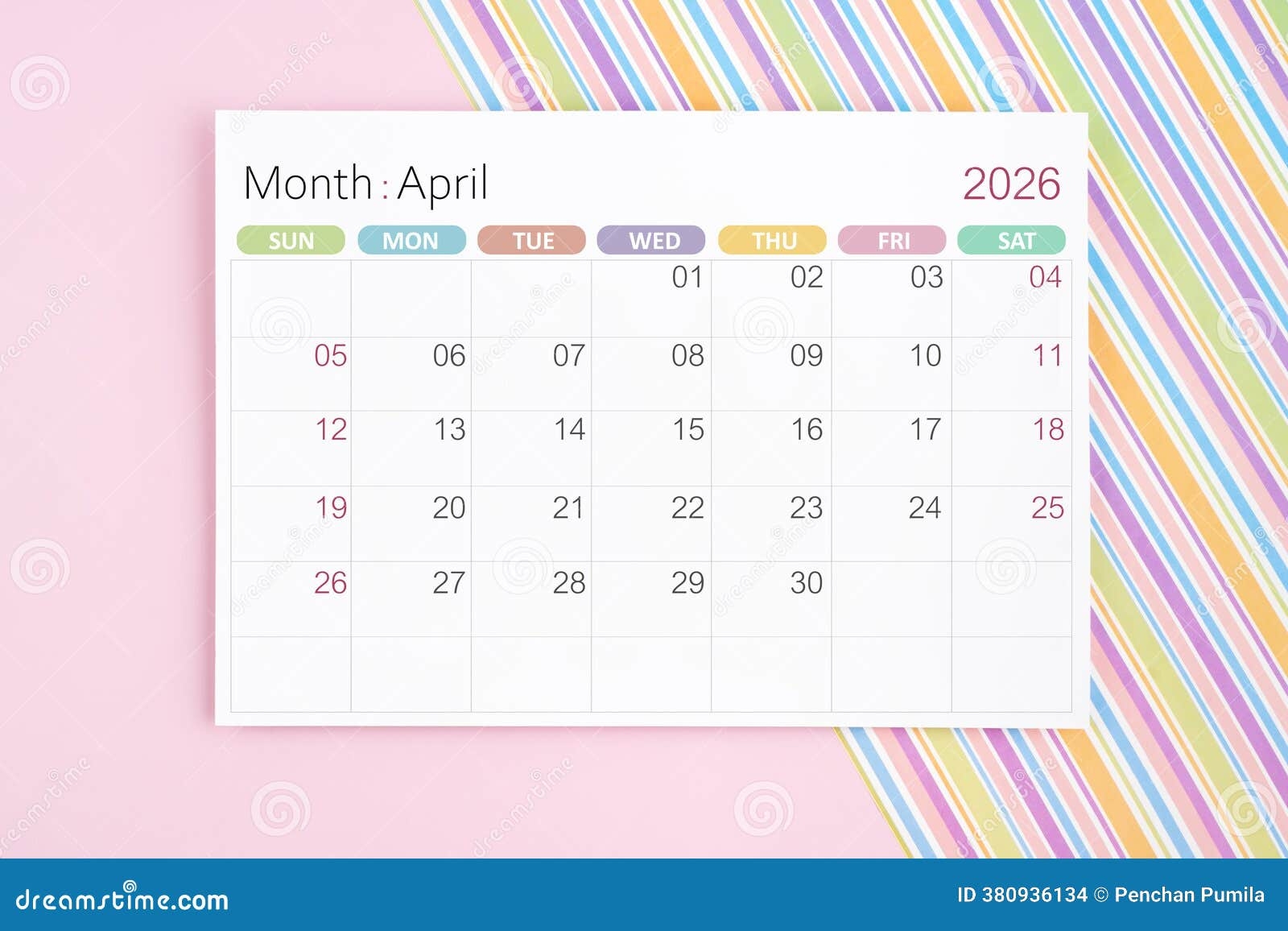 April 2026 Calendar Page On Pink And Rainbow Background Stock 