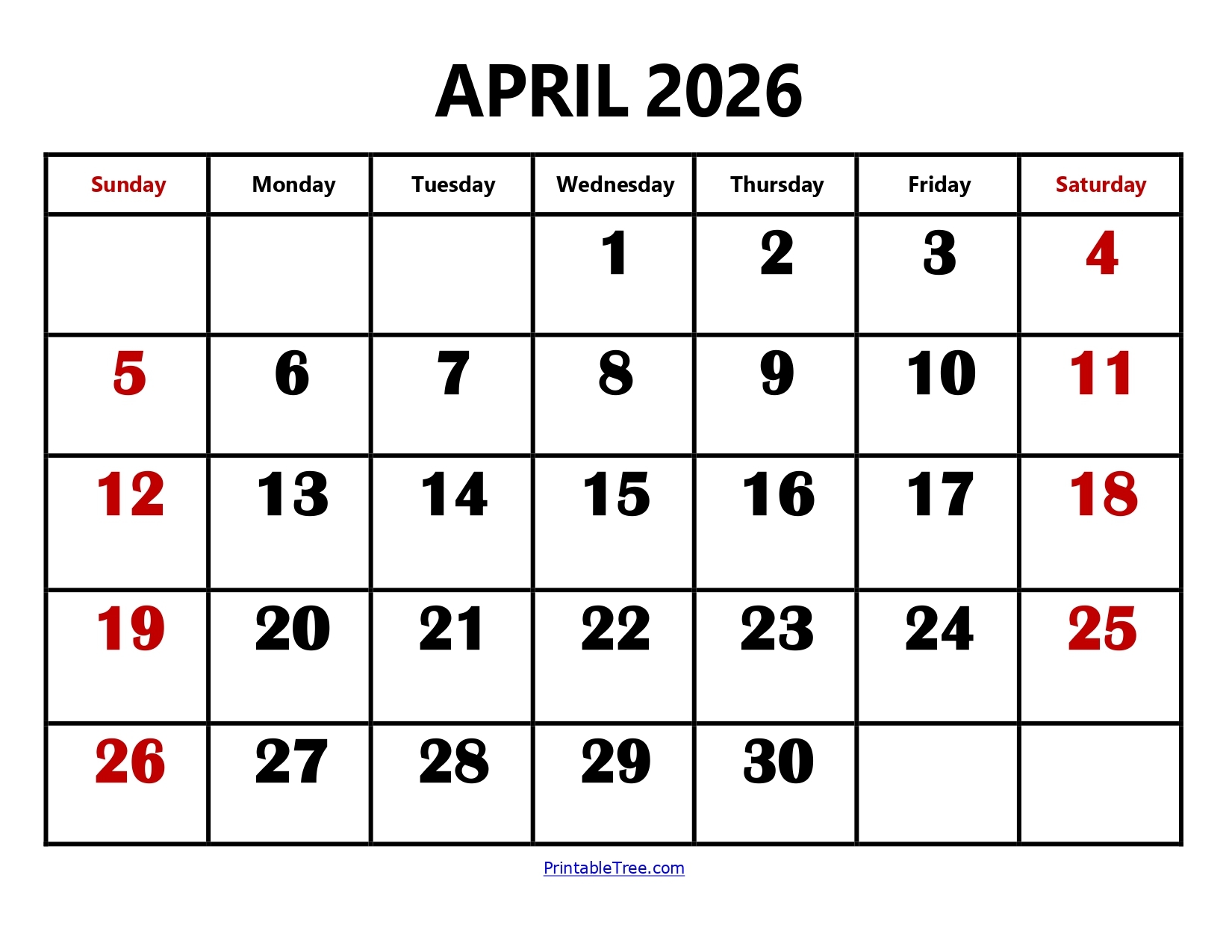 April 2026 Calendar Printable Vertical