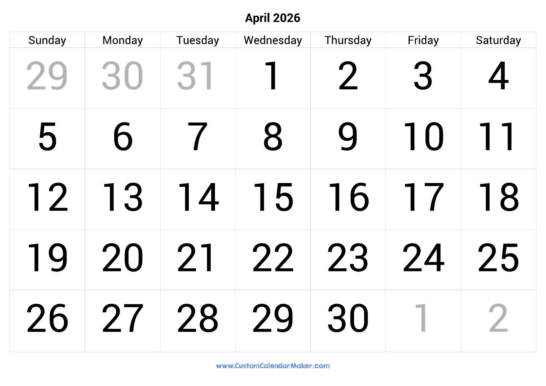 April 2026 Calendar Printable With Large Numbers Custom Calendar 
