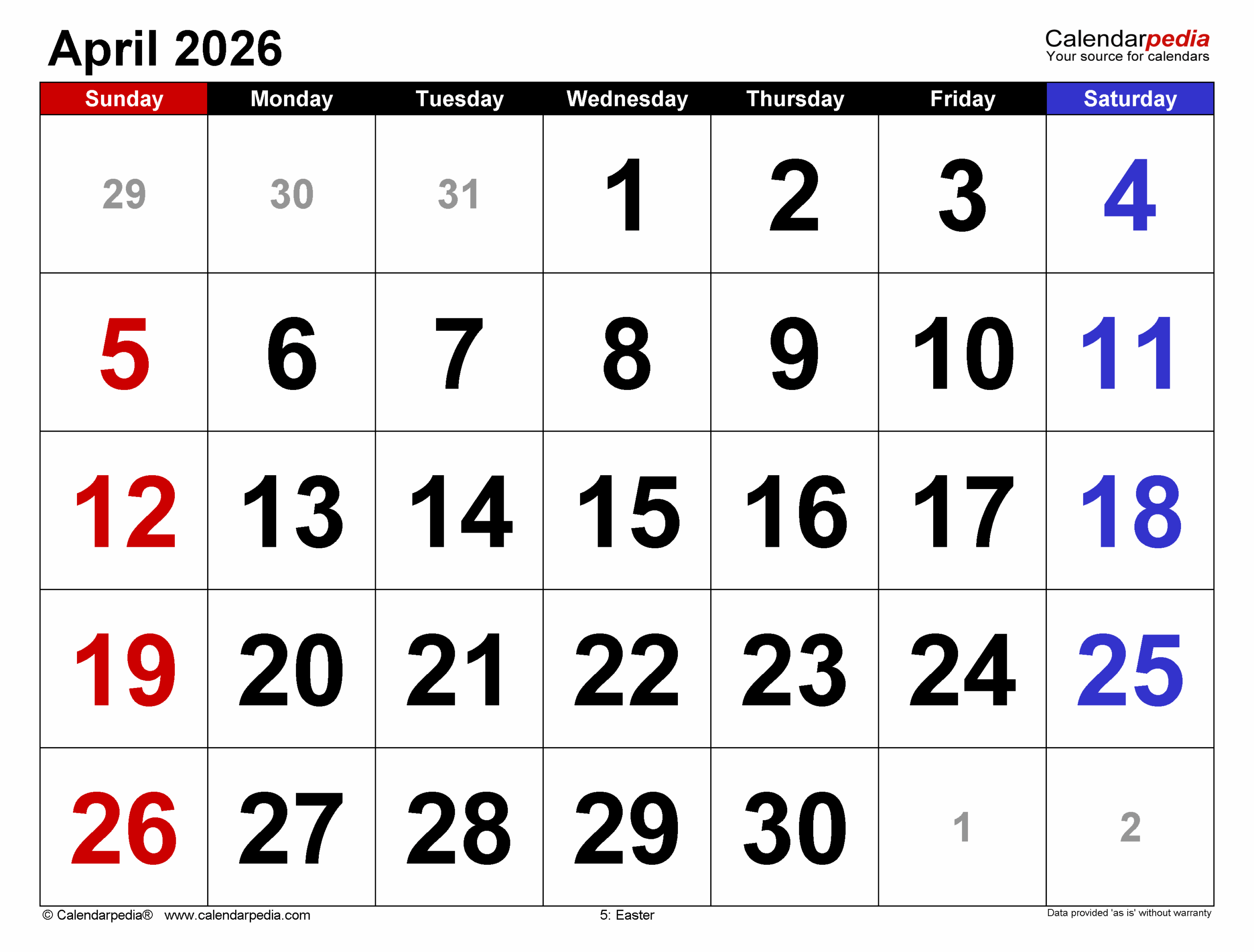 April 2026 Calendar Free Printable