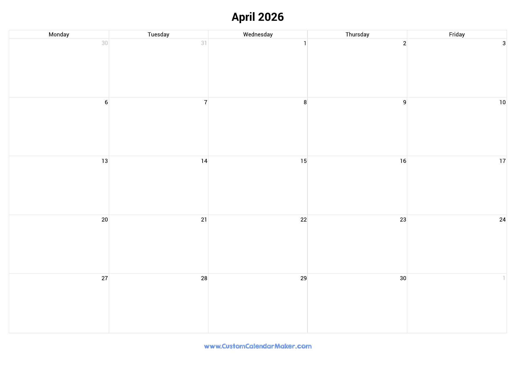 April 2026 Calendar Weekdays Only Monday To Friday Custom