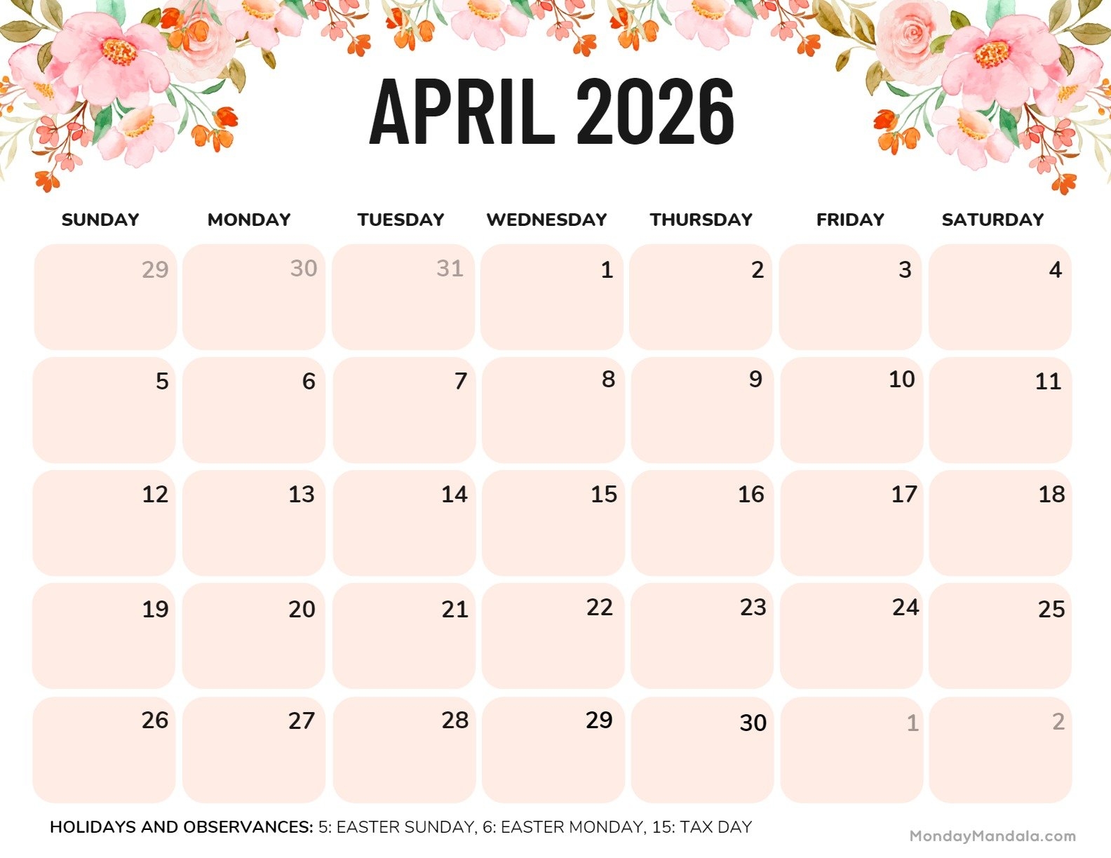 April 2026 Calendar Good Friday