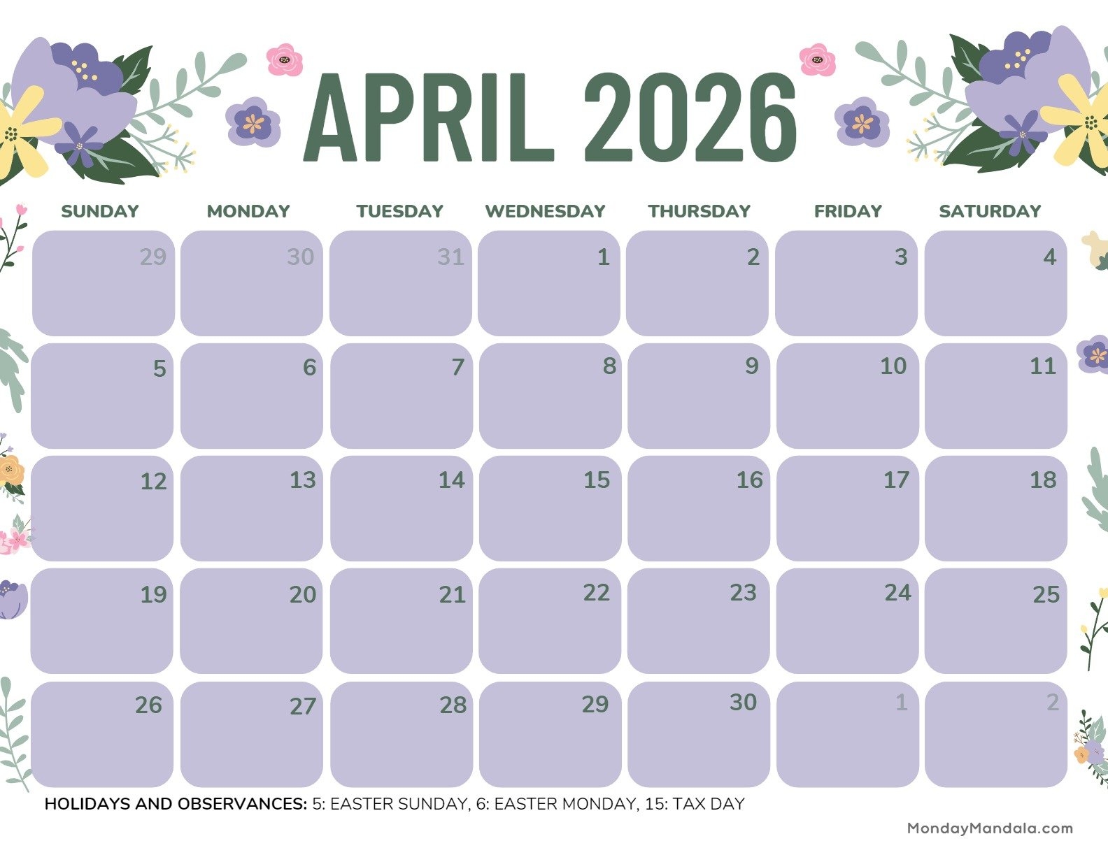 April 2026 Calendar Holy Week