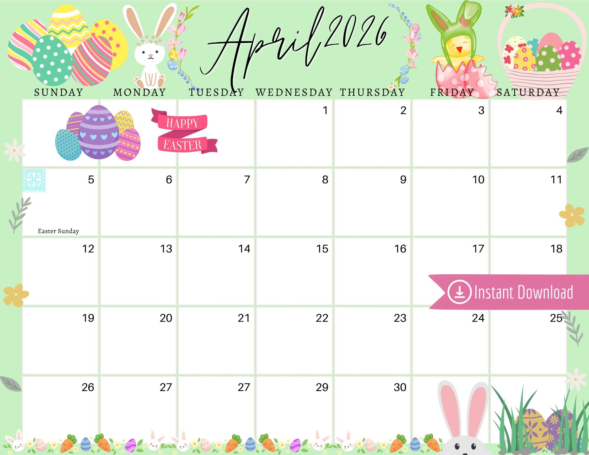 April 2026 Digital Calendar Mint Easter Sunday Editable Fillable 