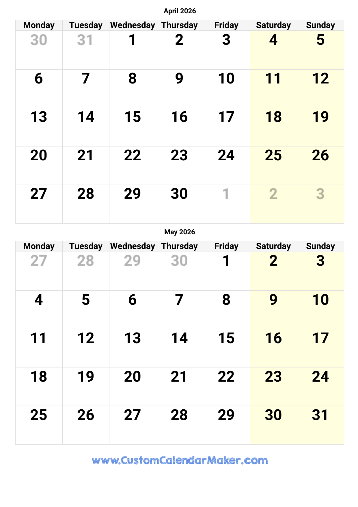3 Month Calendar 2026 April May June
