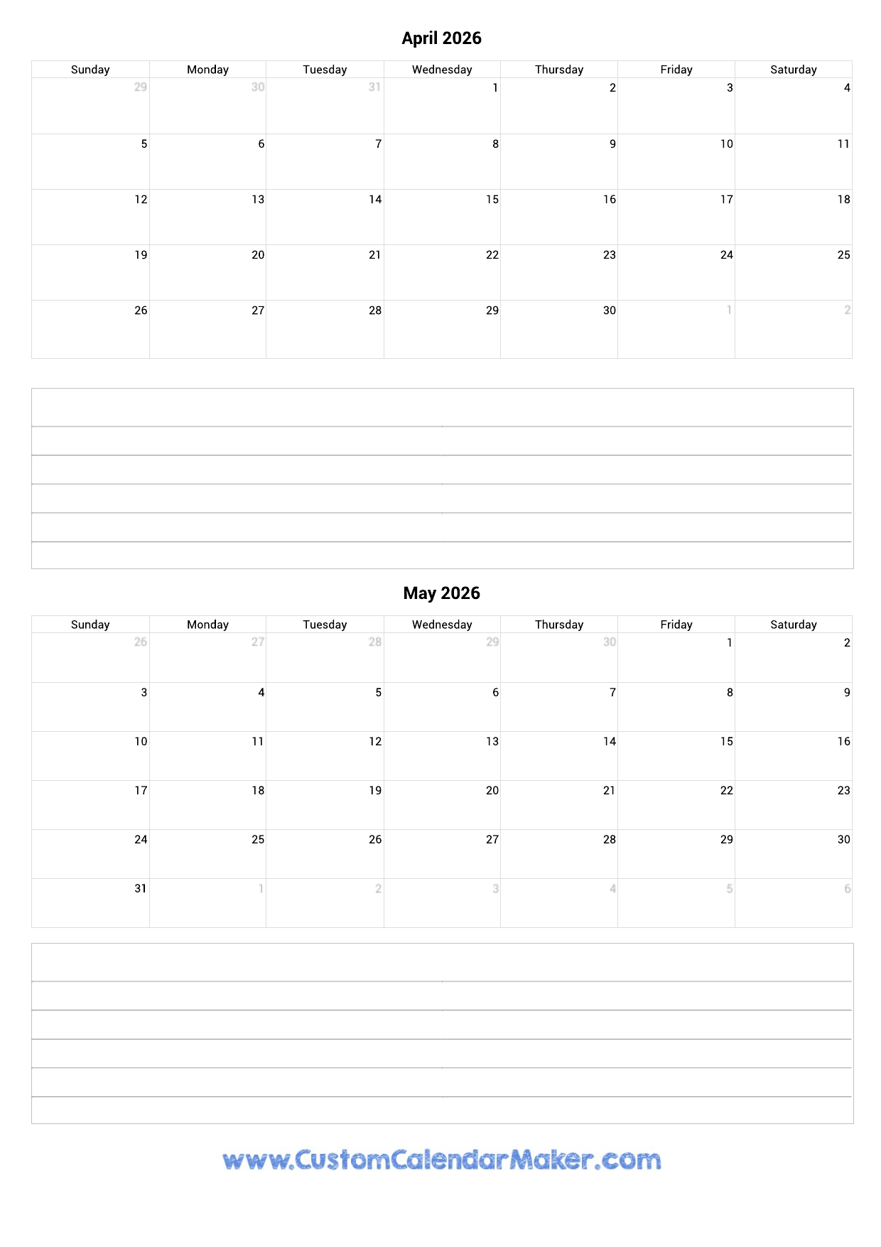 Calendar April May 2026