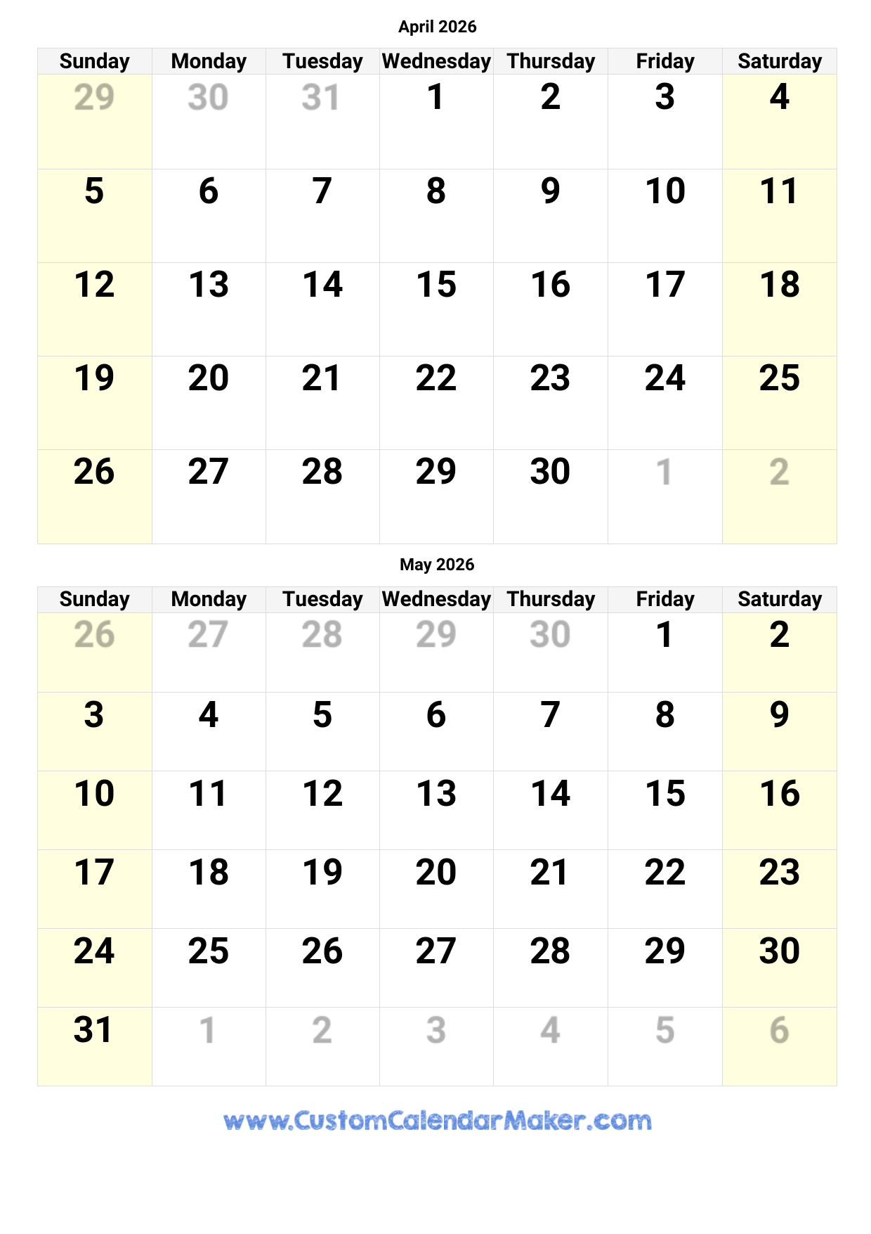 April And May 2026 Calendar Custom Calendar Maker
