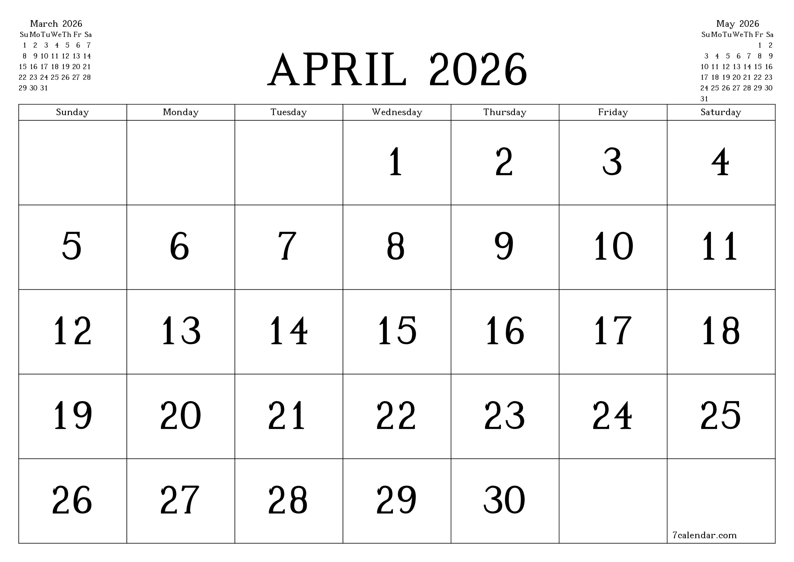 April 2026 Calendar Fillable