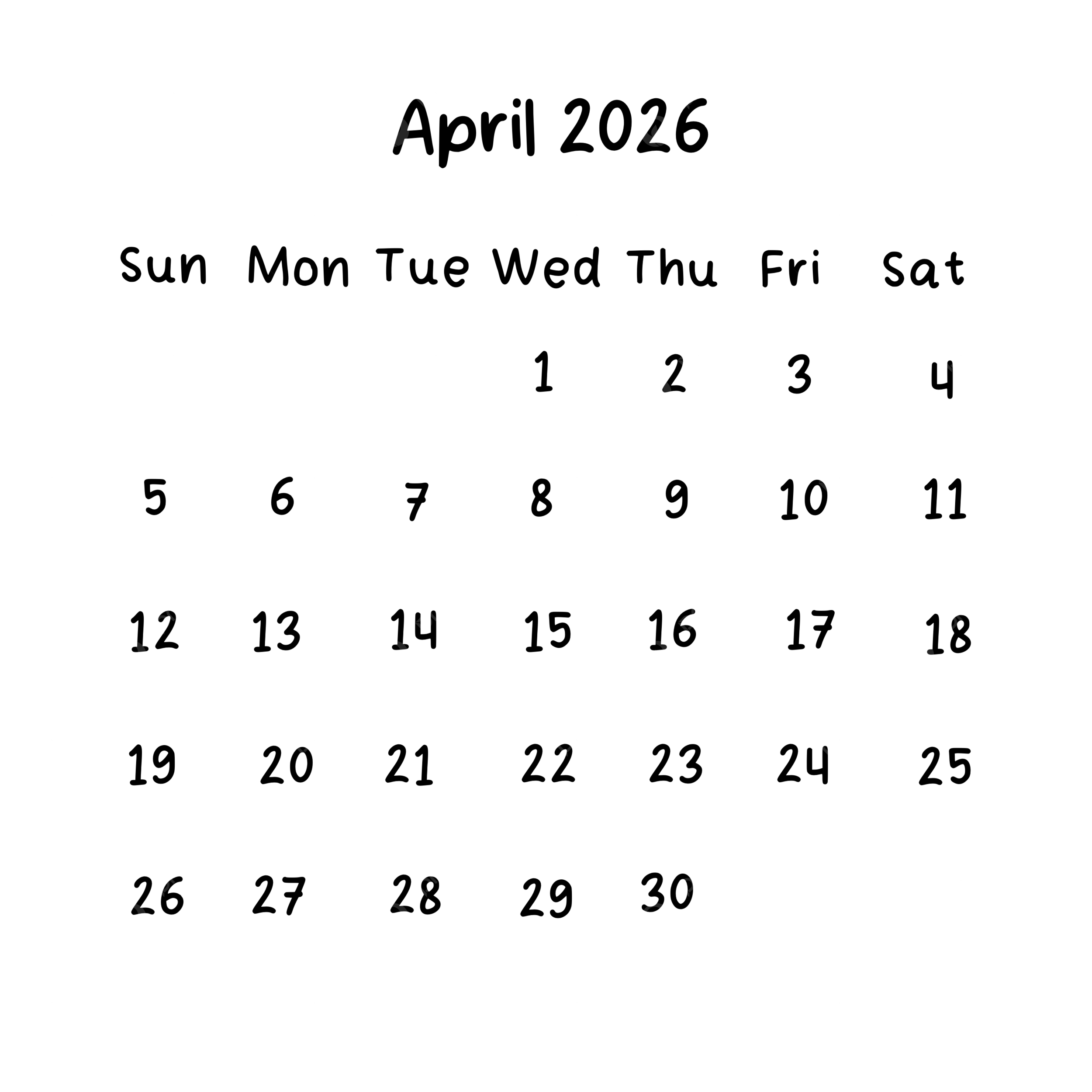 April Monthly Calendar 2026 In Black Color April 2026 Calendar PNG Transparent Clipart Image And PSD File For Free Download