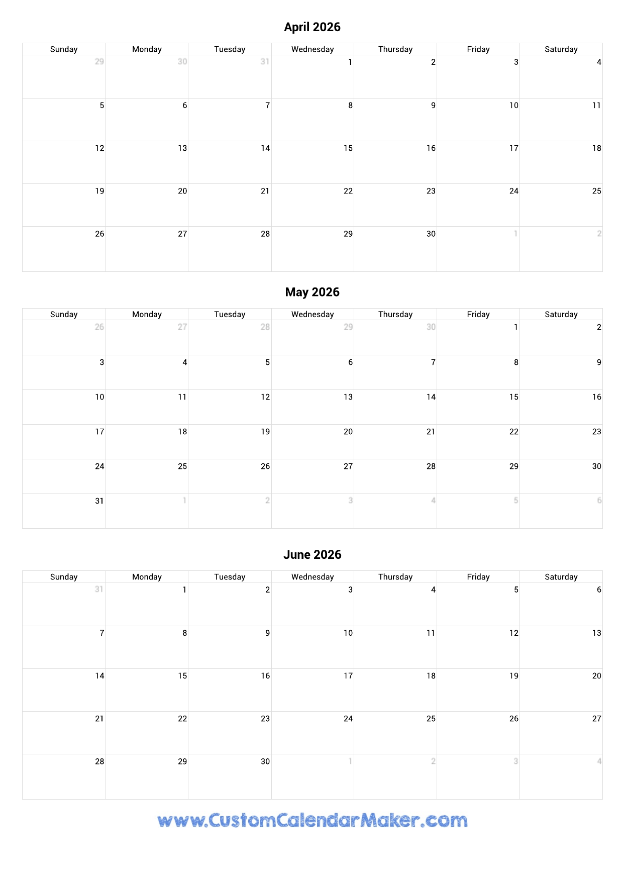 April To June 2026 Calendar Printable Custom Calendar Maker