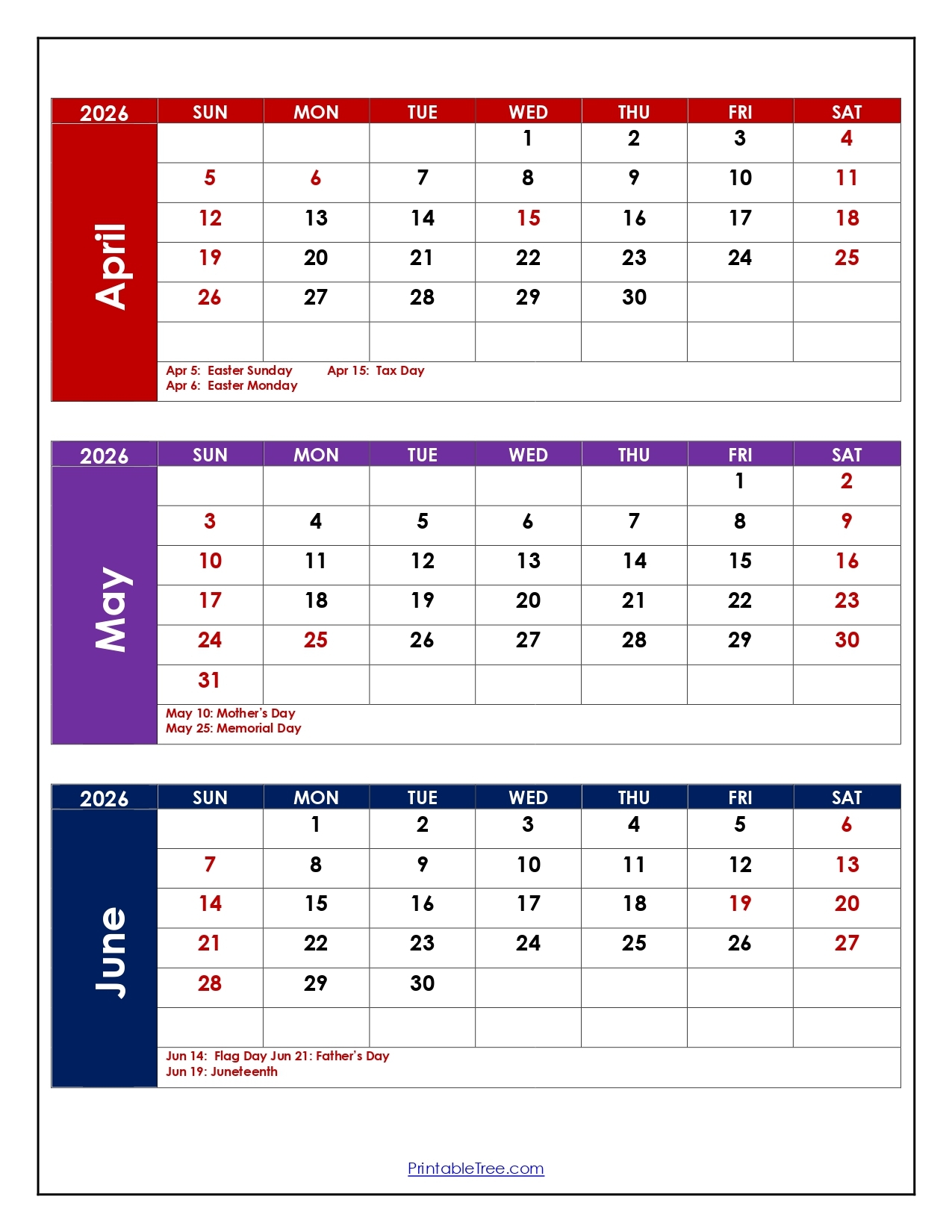 April May June 2026 Calendar Printable