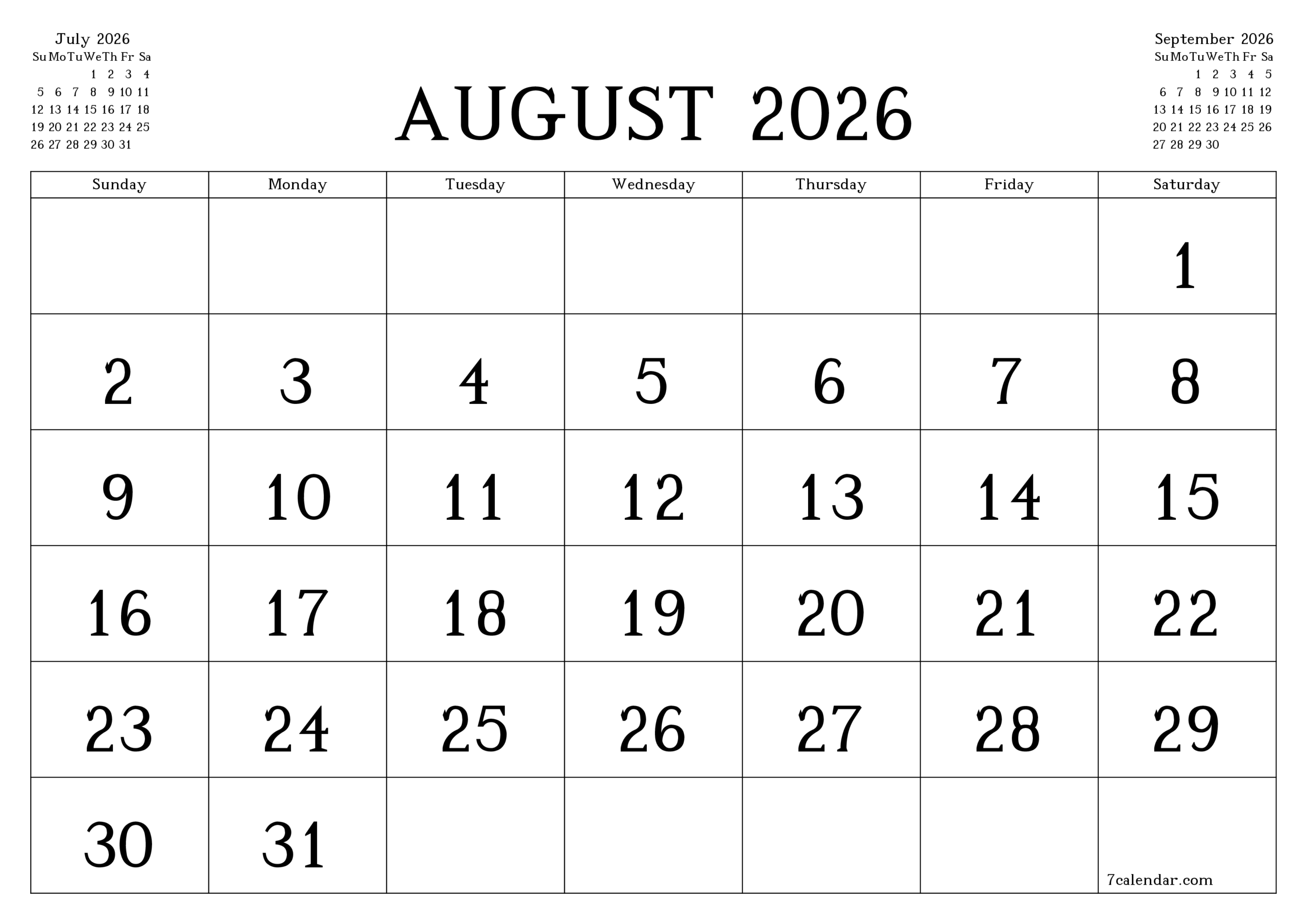 August 2026 To January 2026 Calendar