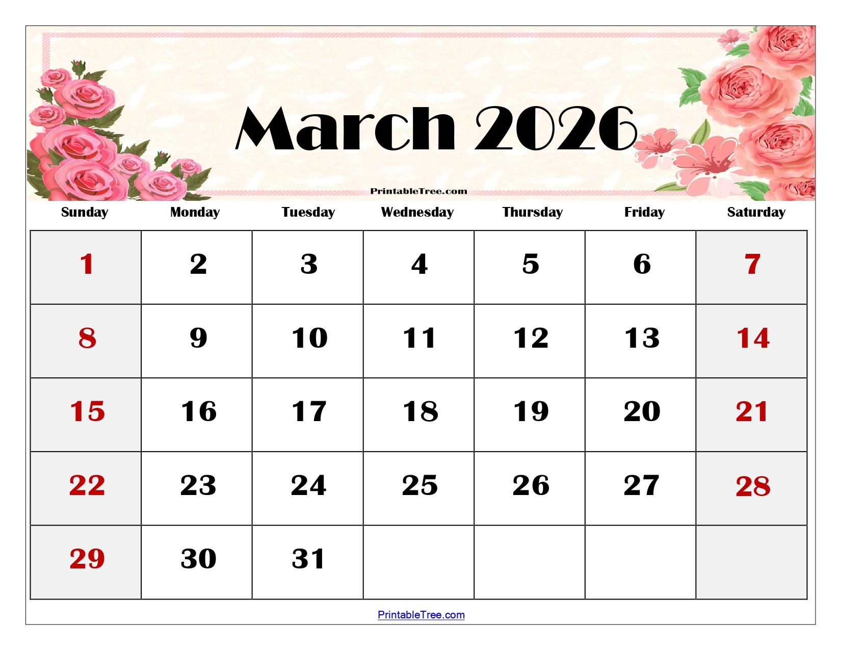 Blank March 2026 Calendar Printable PDF Templates