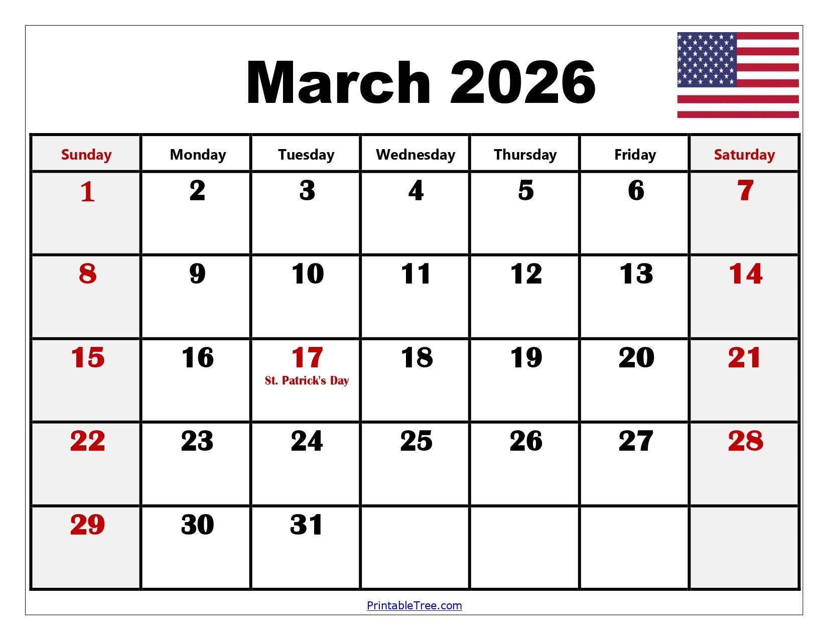 2026 Calendar March Month