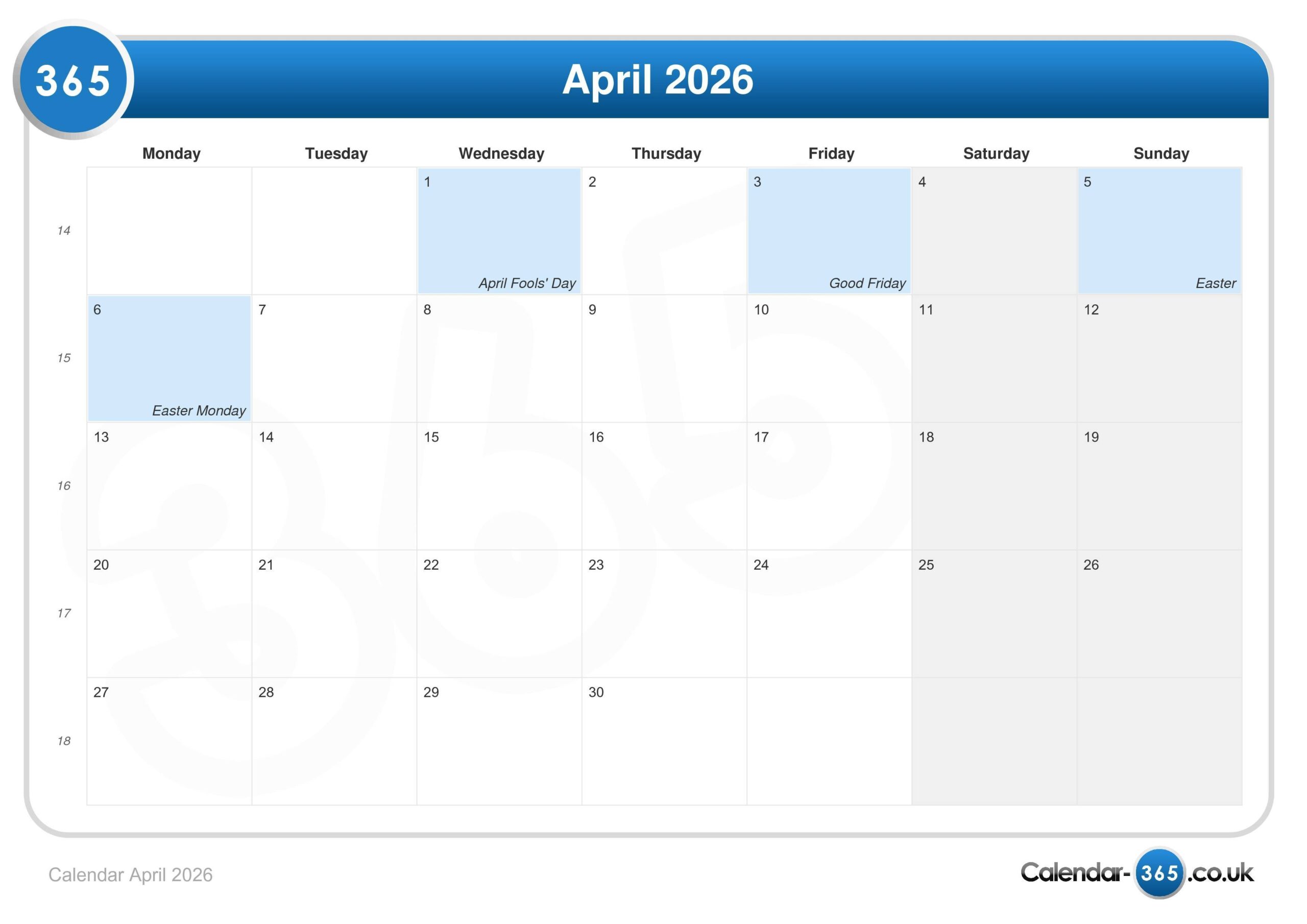 April 2026 Calendar Uk