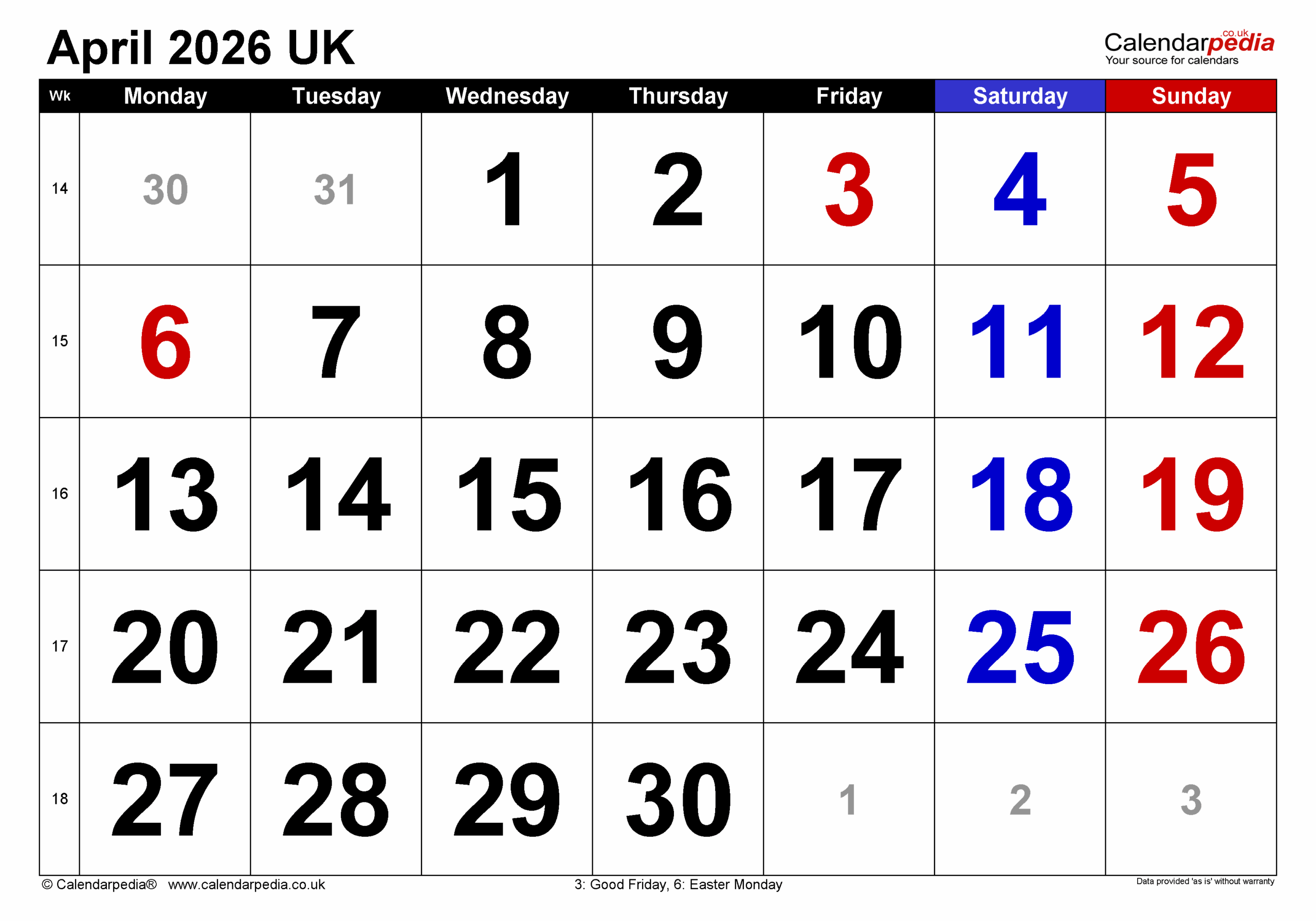 April Printable Calendar 2026