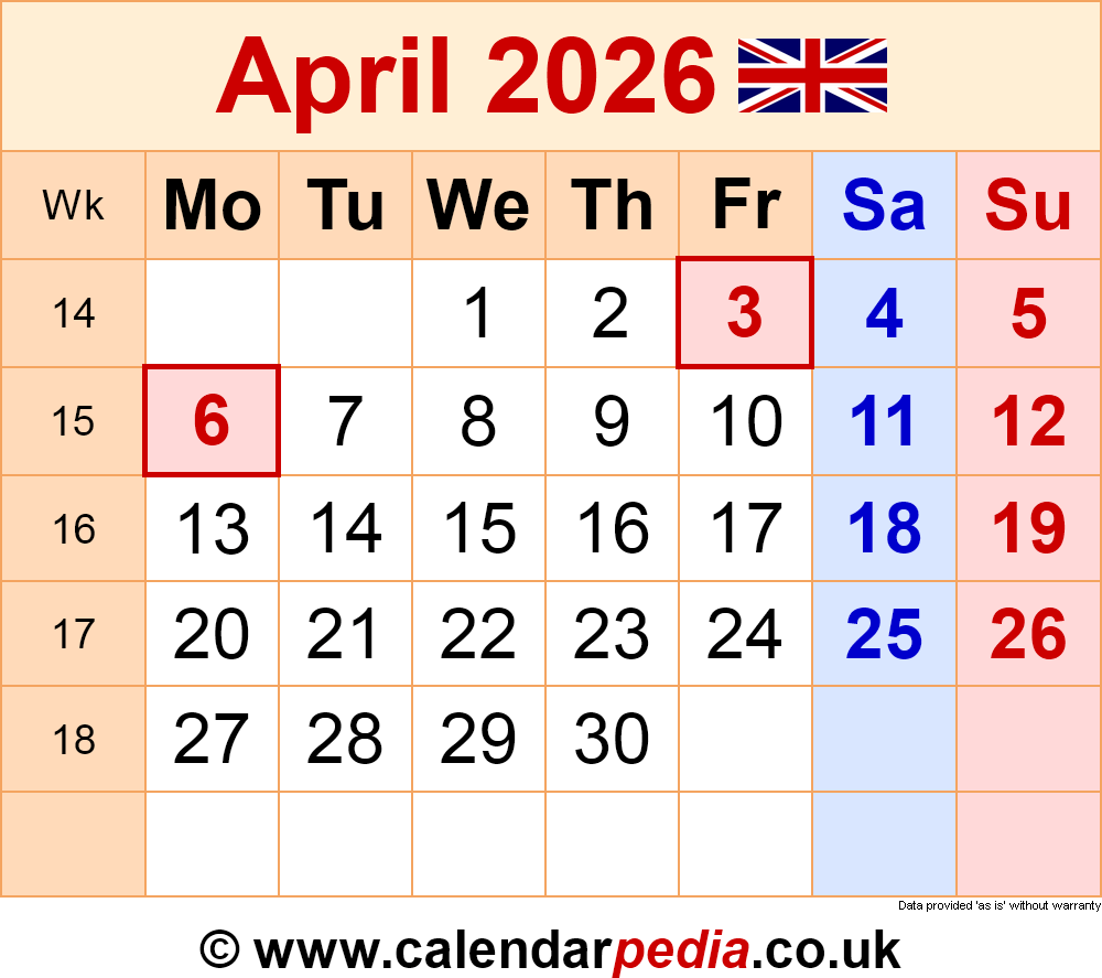 April 2026 Calendar With Easter Holidays