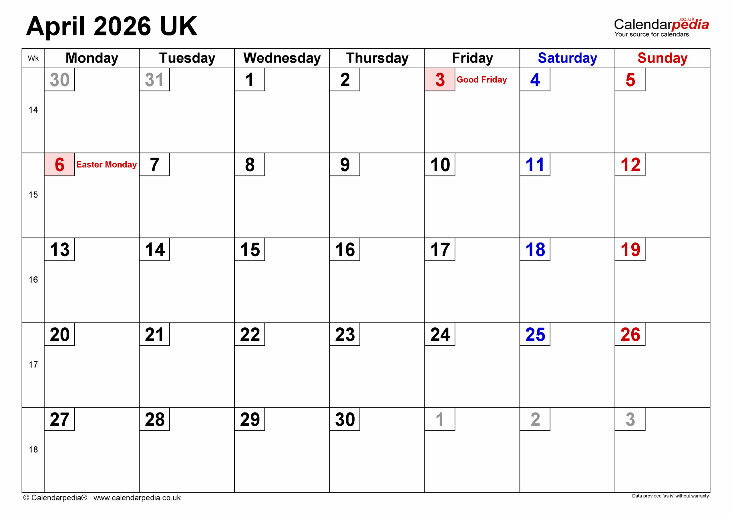 April 2026 Calendar In Word