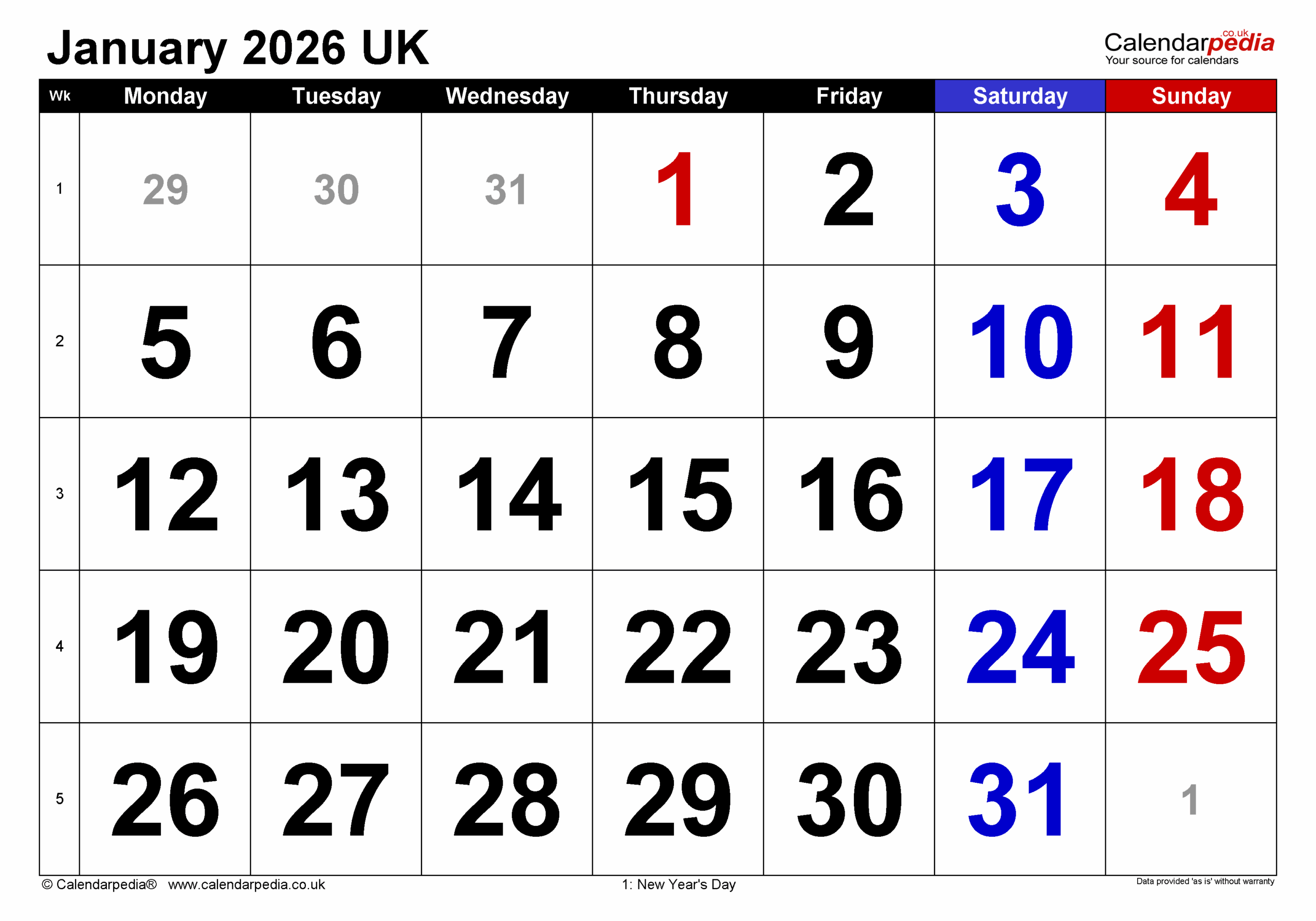 Calendar January 2026 UK With PDF Excel And Word Templates