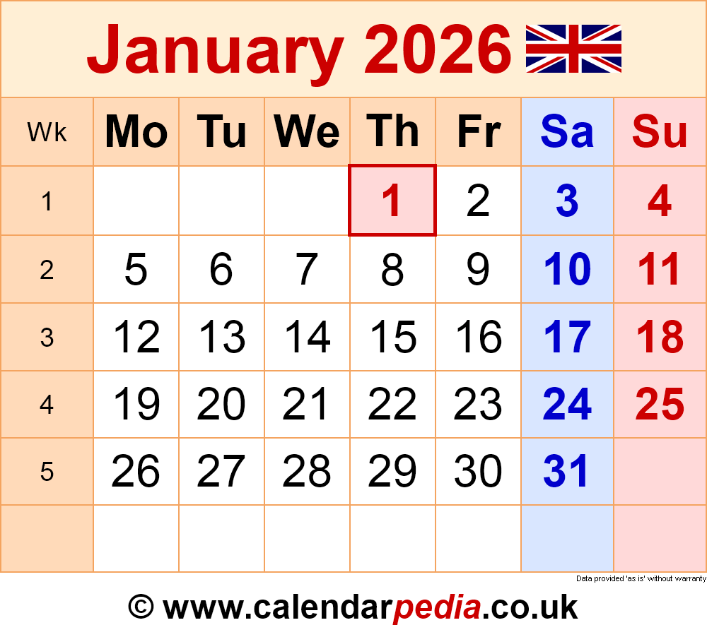 Excel January 2026 Calendar
