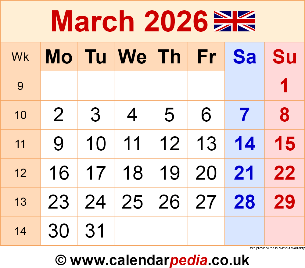 Calendar March 2026 UK With PDF Excel And Word Templates