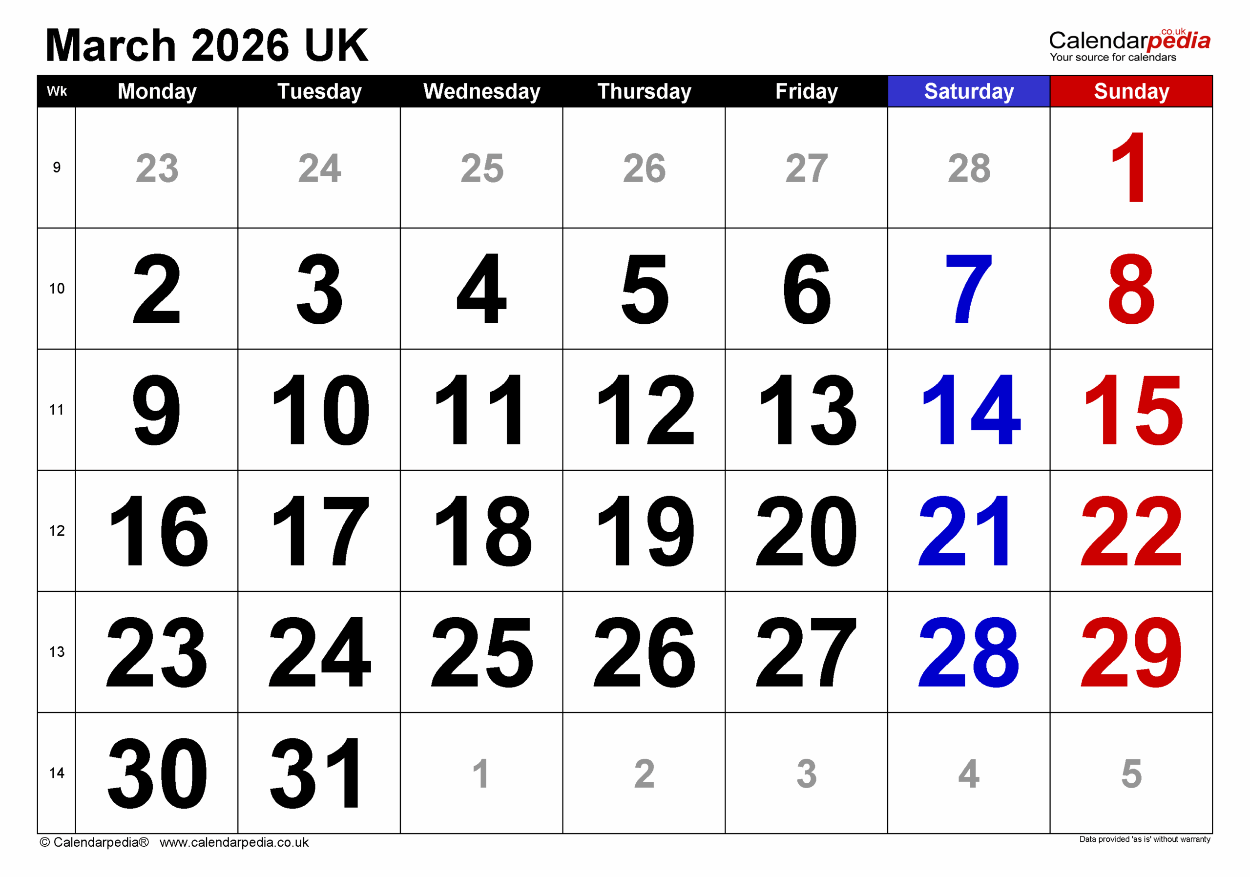 Calendar March 2026 UK With PDF Excel And Word Templates