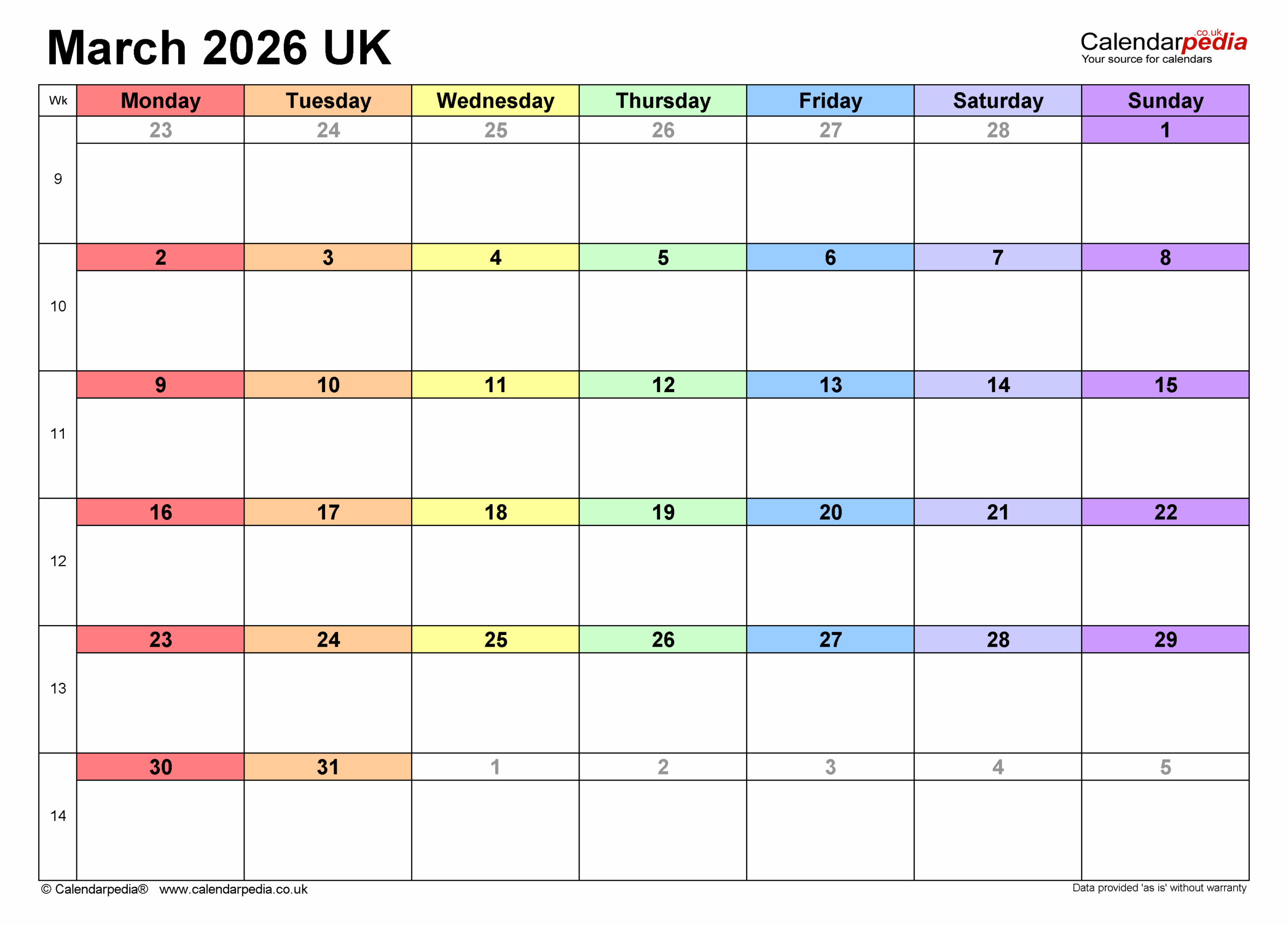 March 2026 Calendar Desktop