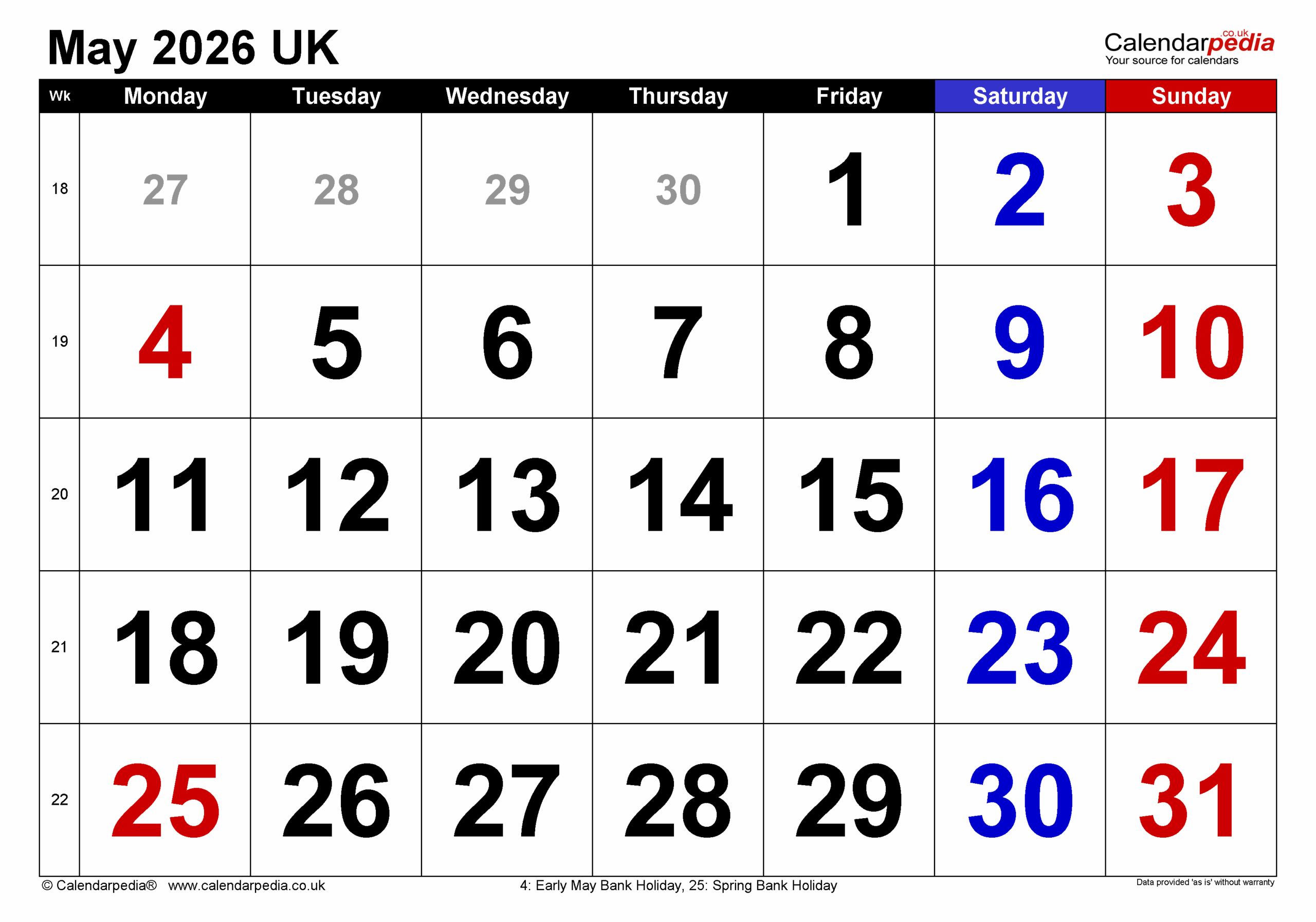 Calendar May 2026 UK With PDF Excel And Word Templates