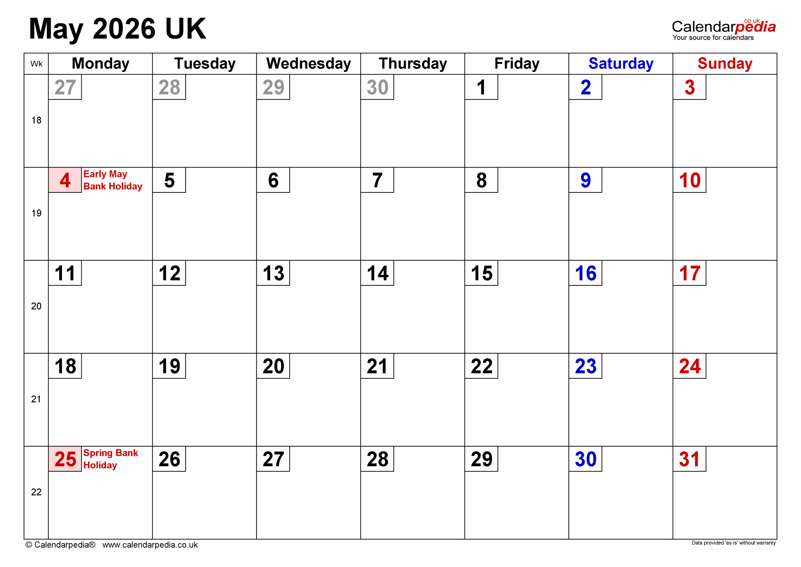 Calendar May 2026 UK With PDF Excel And Word Templates