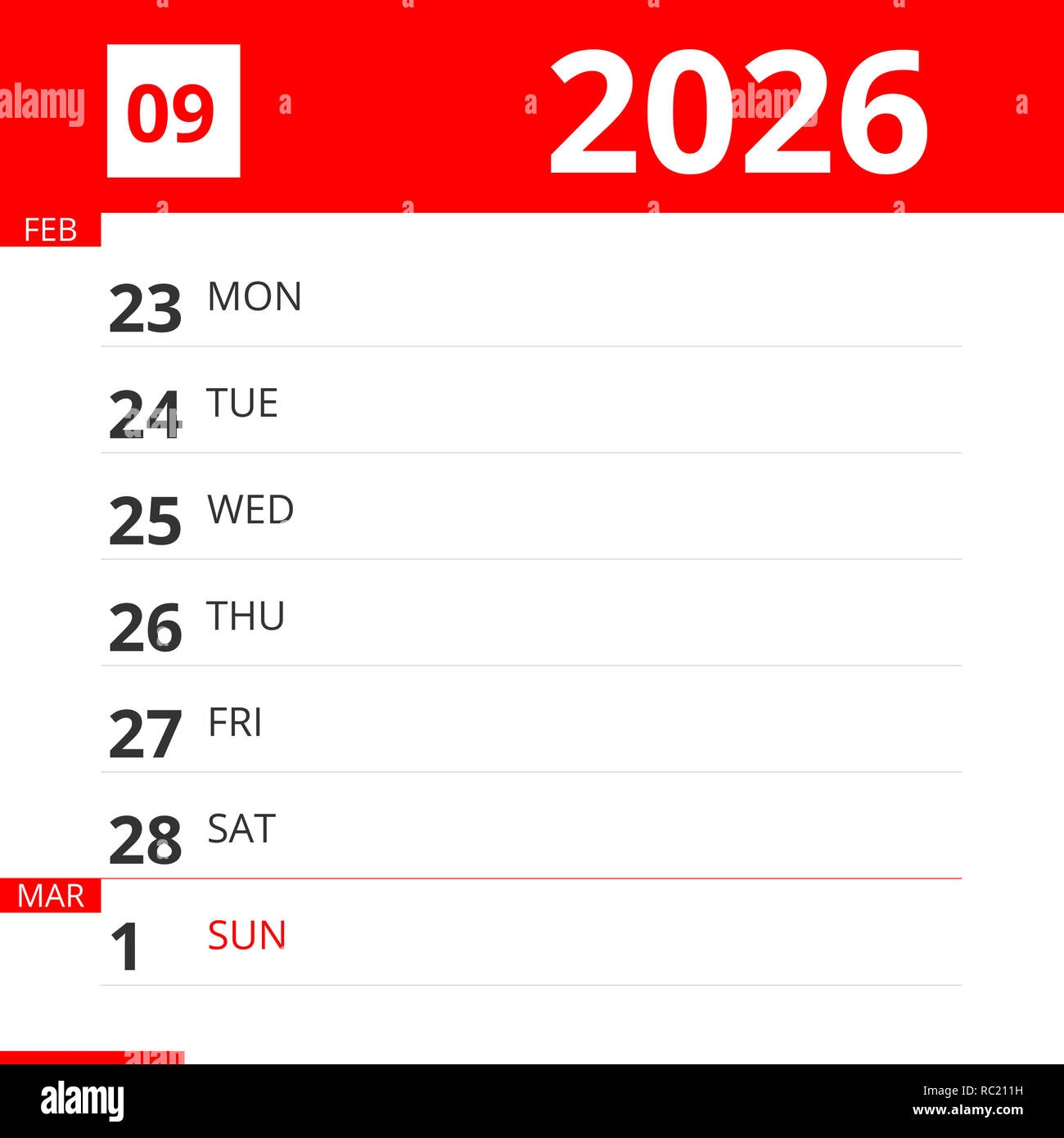 Calendar Planner For Week 09 In 2026 Ends March 1 2026 Stock 